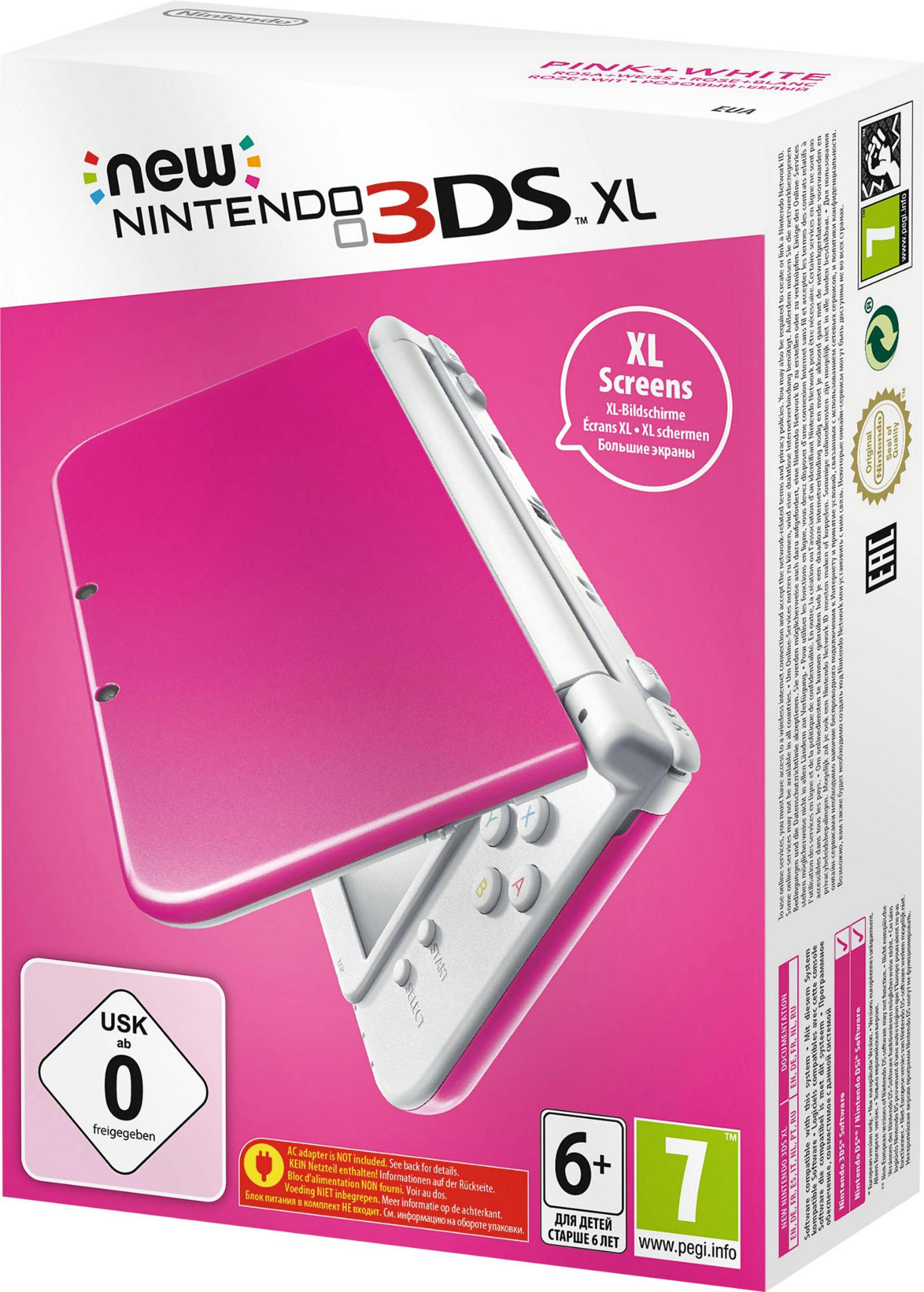 Verpackung der New Nintendo 3DS XL in Pink und Weiß mit Produktinformationen.