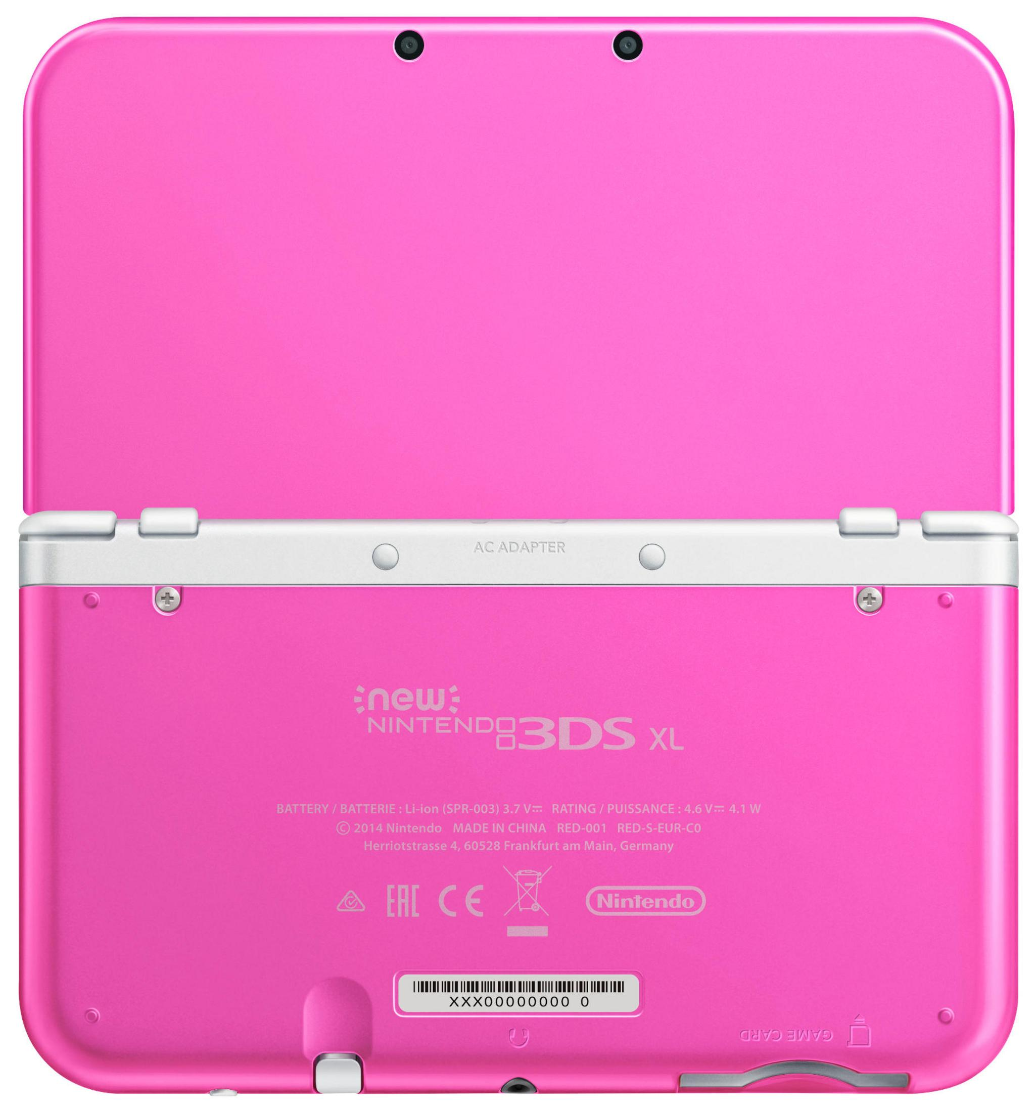 Rosa Nintendo 3DS XL mit aufgedruckten Informationen auf der Rückseite.
