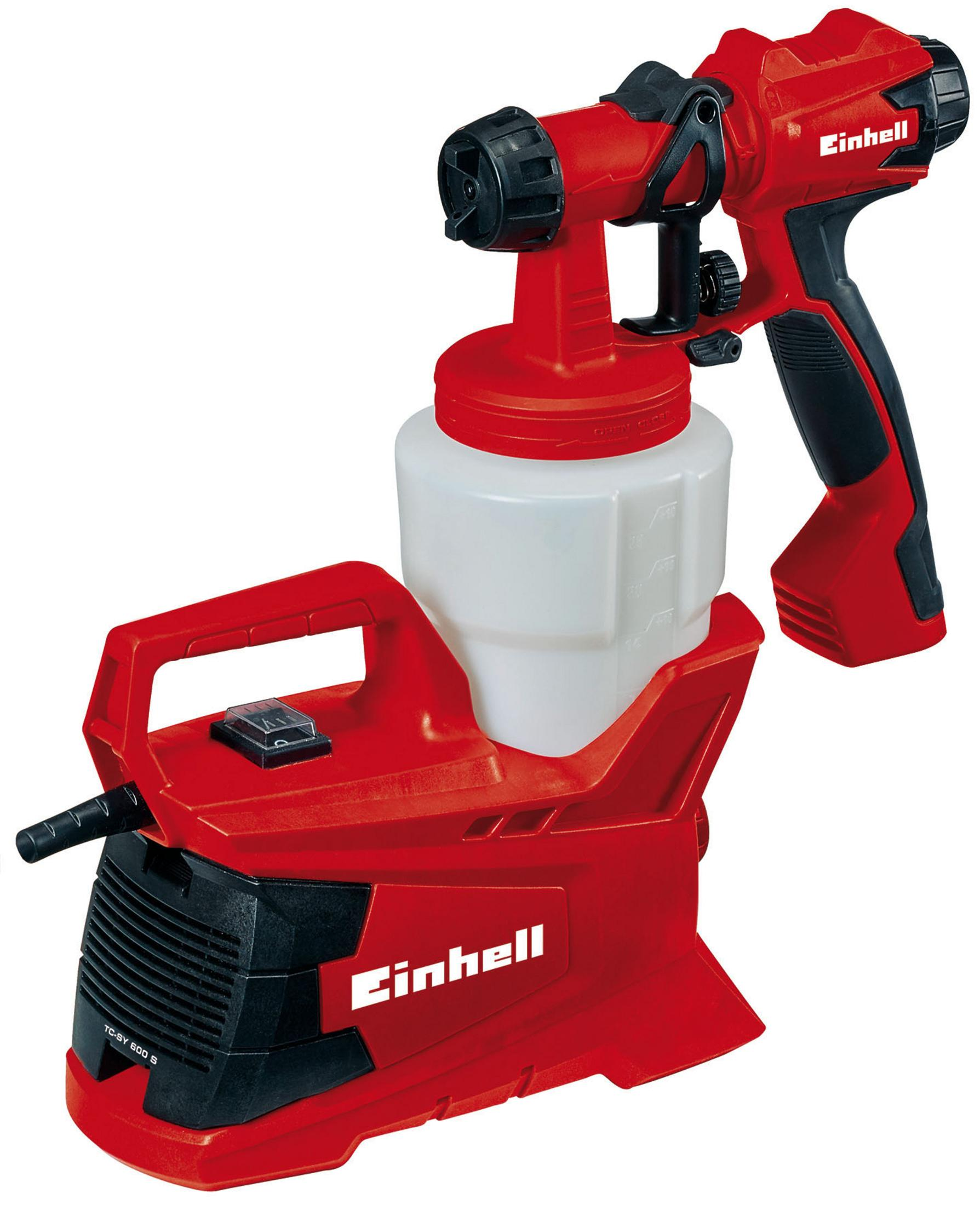Uno spruzzatore di vernice Einhell rosso con contenitore in plastica bianca e accenti neri.
