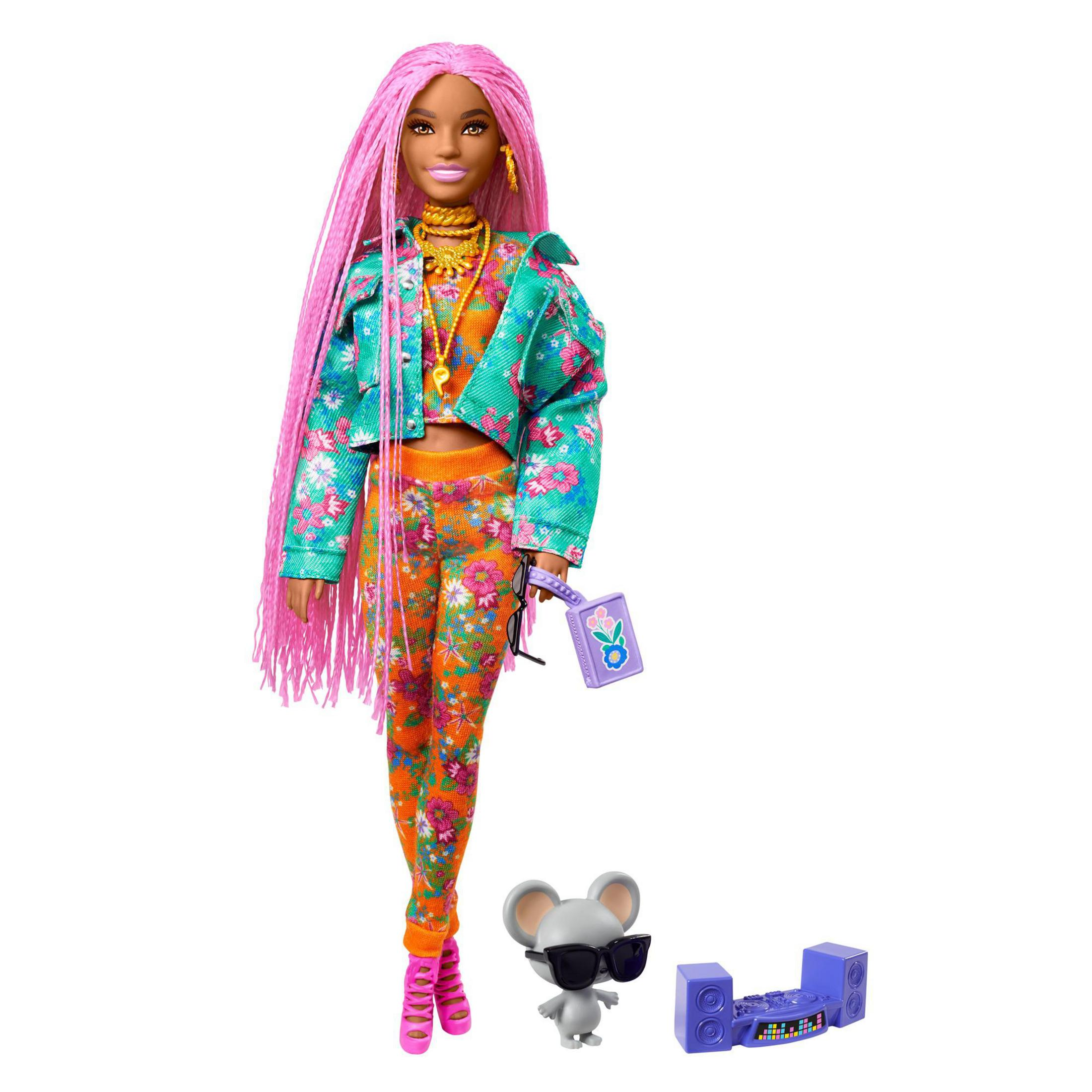 Barbie mit langen pinken Haaren, buntem Outfit, Sonnenbrille, Maus und Stereoanlage.