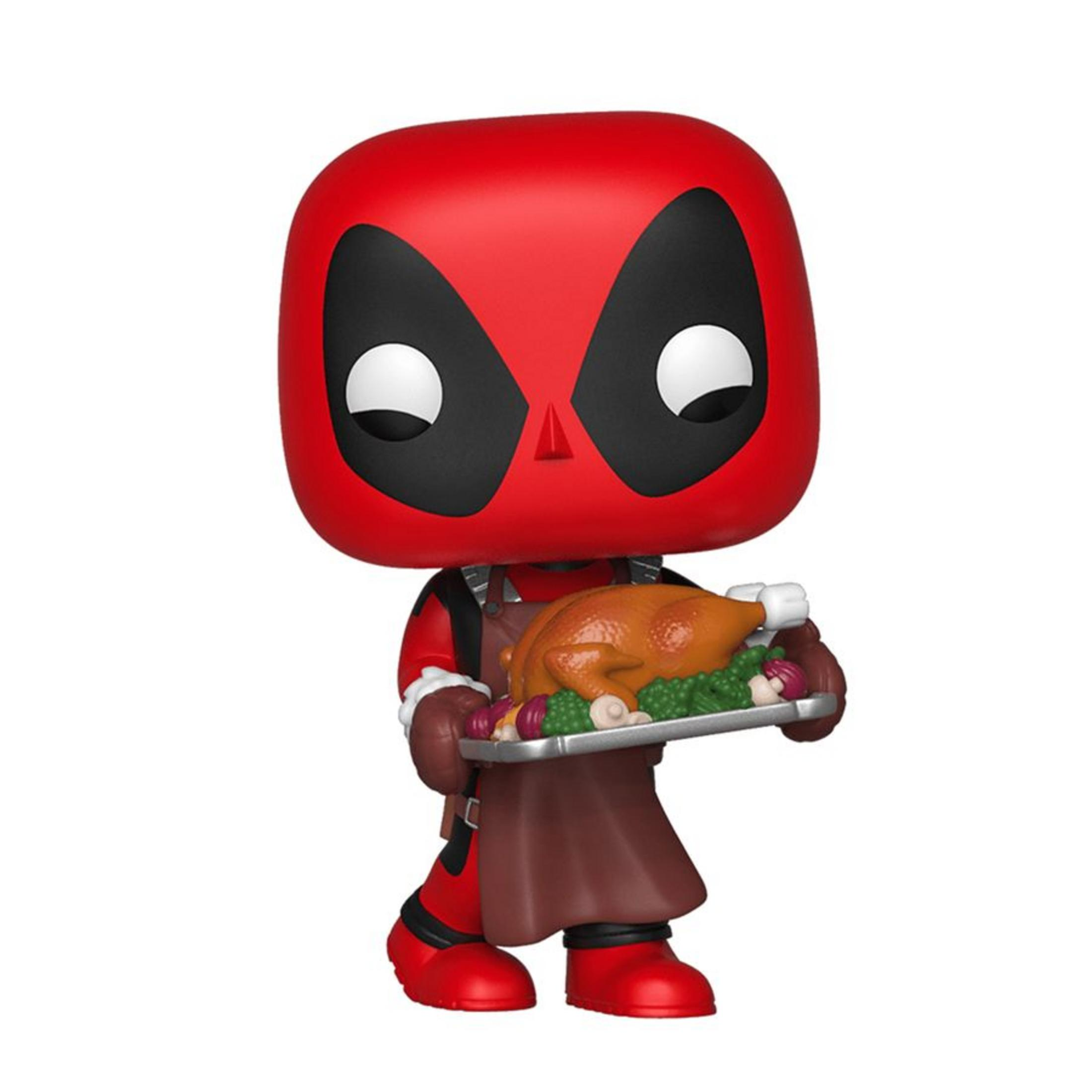 Deadpool-Figur mit Braten und Gemüse auf einem Tablett, weiße Hintergrund