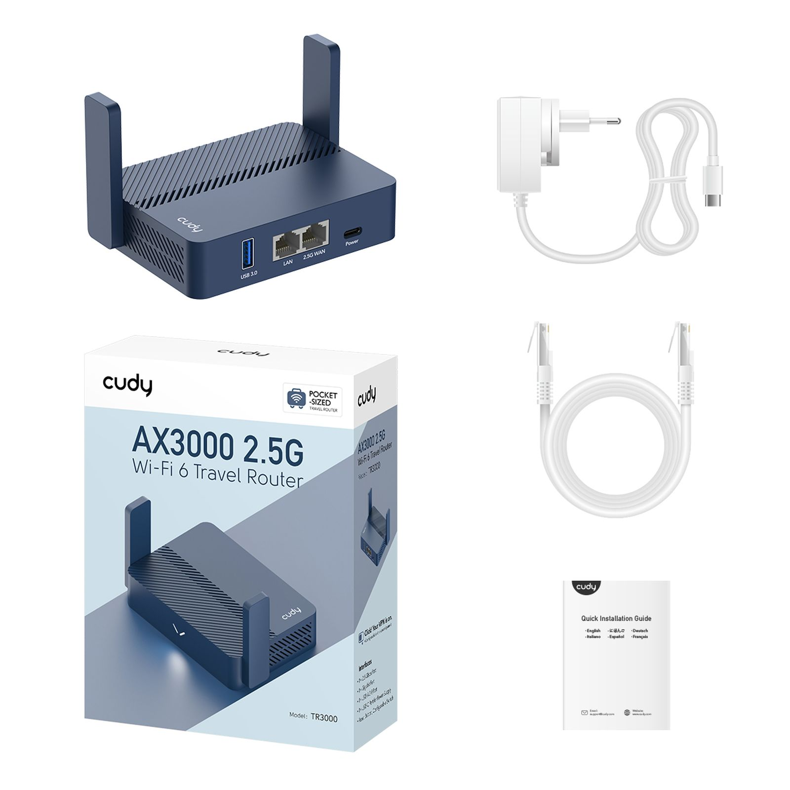Un router Wi-Fi Cudy AX3000 2,5G blu con antenne, adattatore di alimentazione, cavo Ethernet e guida.