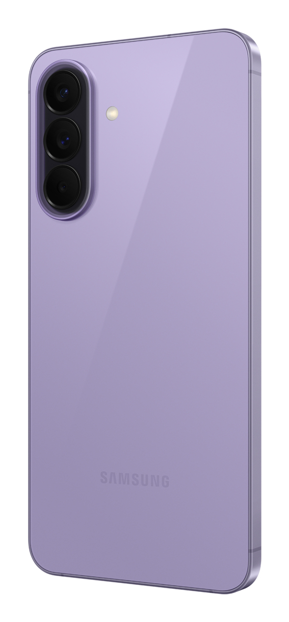 Smartphone Samsung viola con tre obiettivi e flash.