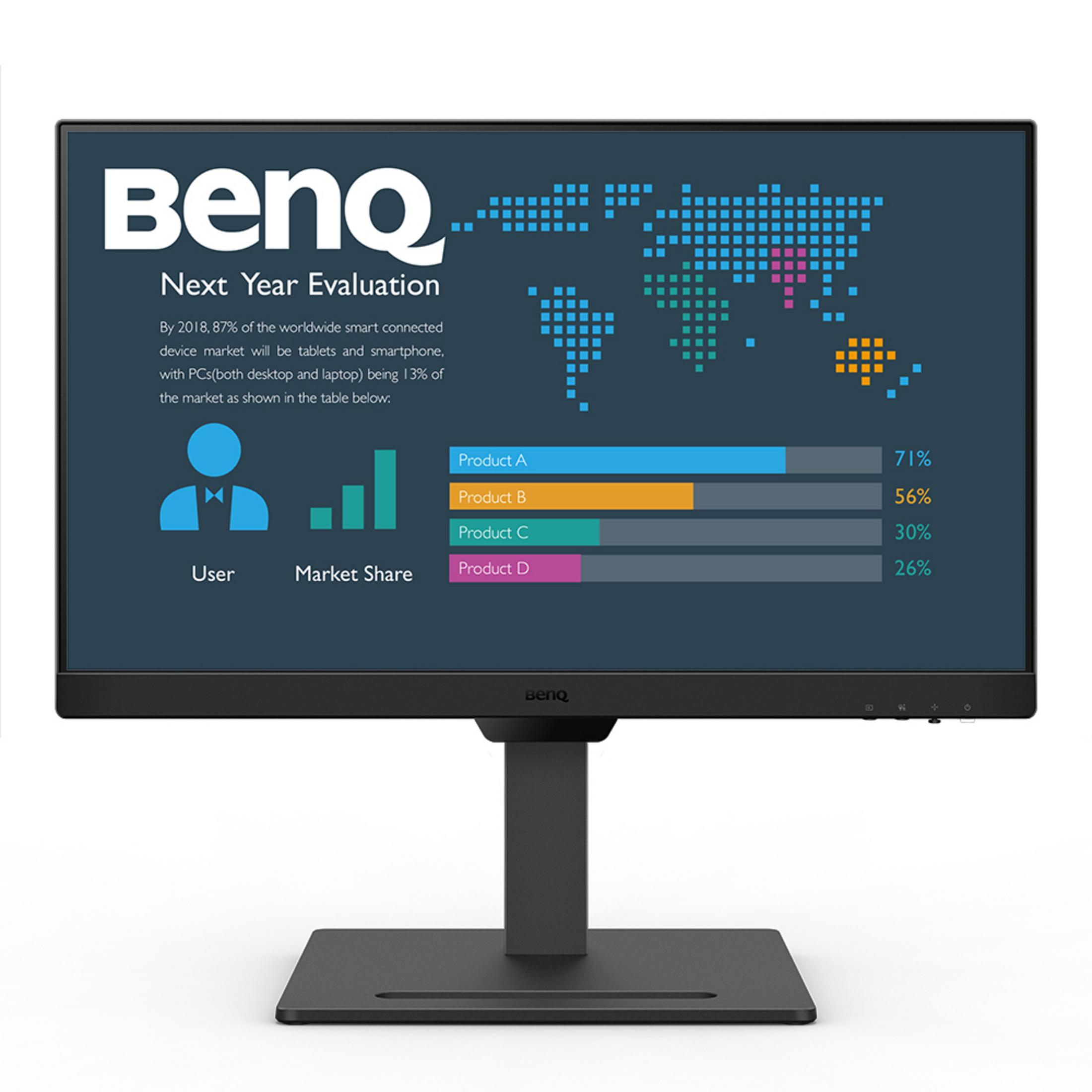 Un monitor BenQ mostra un'analisi di mercato con mappa mondiale e grafici a barre.