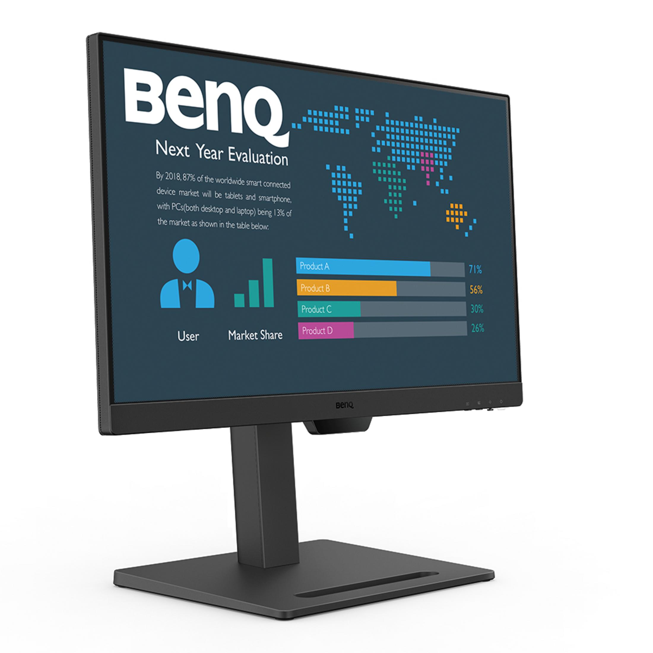 Monitor BenQ mostra un report sulla quota di mercato con mappa mondiale e grafici.