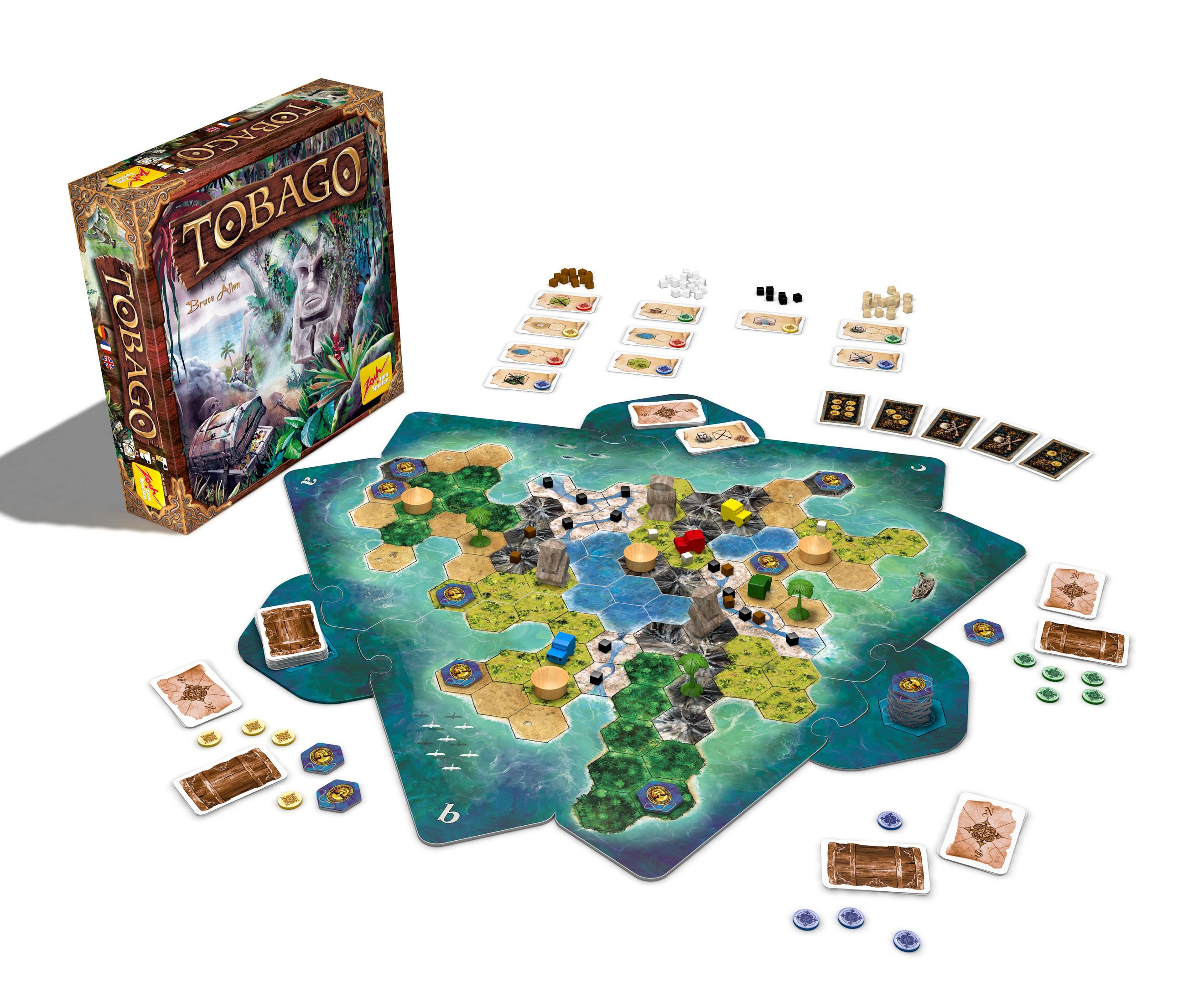 Brettspiel Tobago mit Box, Spielbrett, Karten und Spielfiguren auf weißem Hintergrund.