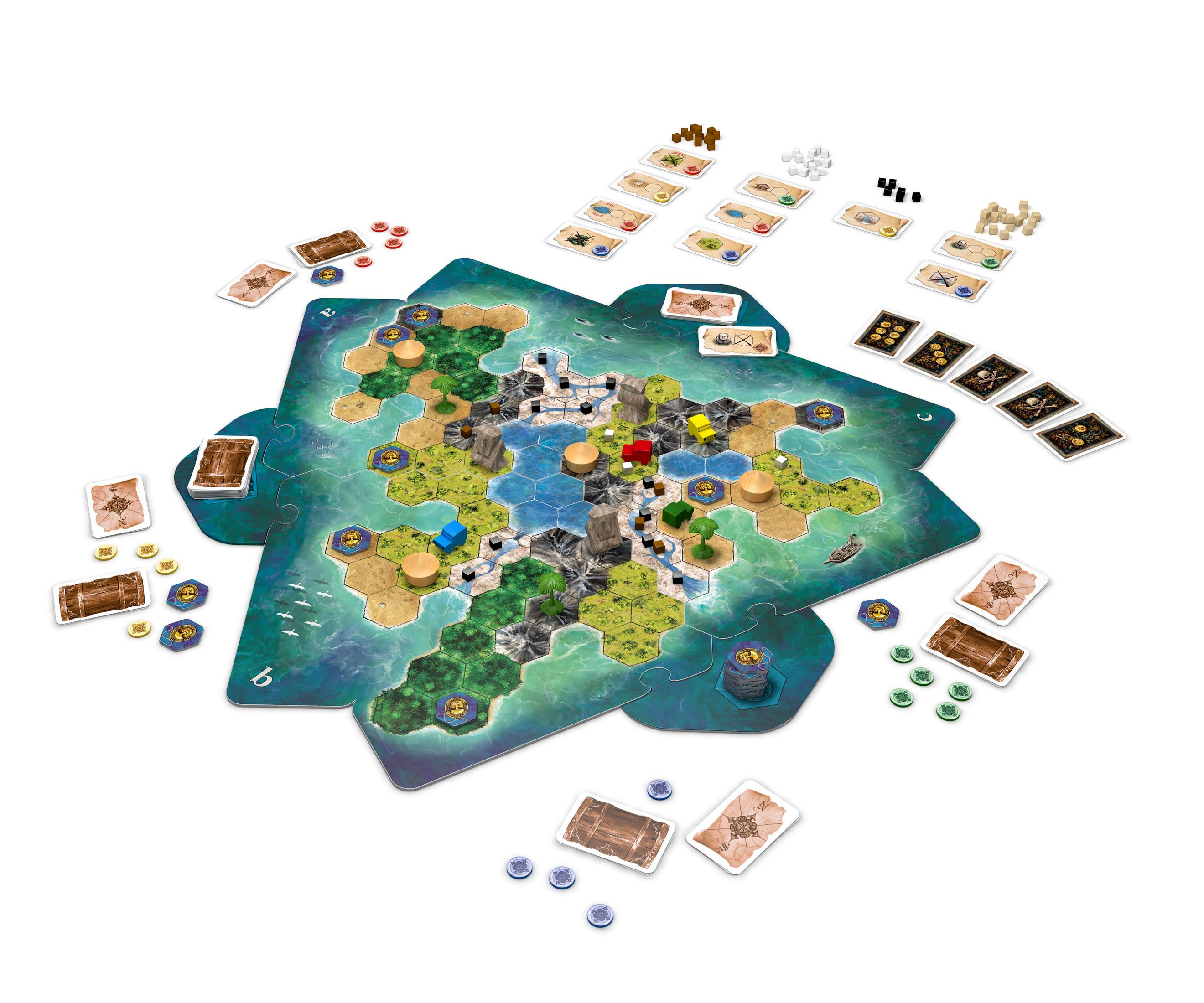 Piratenspiel mit sechseckigen Insel-, See- und Schiff-Kacheln. Enthält Karten und Spielsteine.