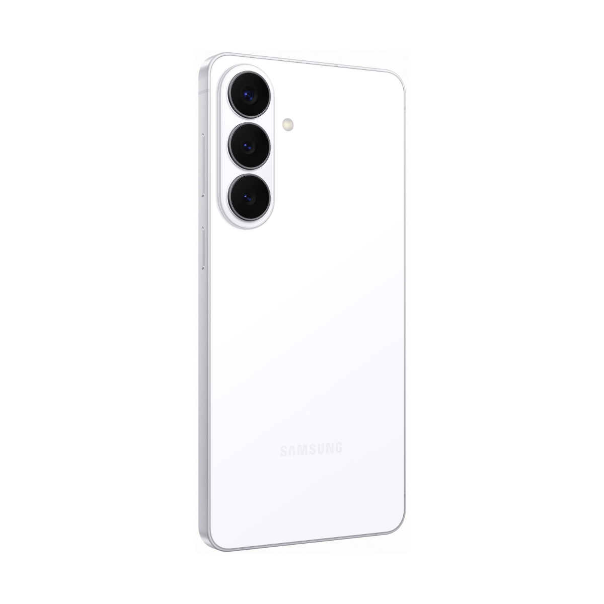 Uno smartphone Samsung bianco con tre fotocamere sul retro.