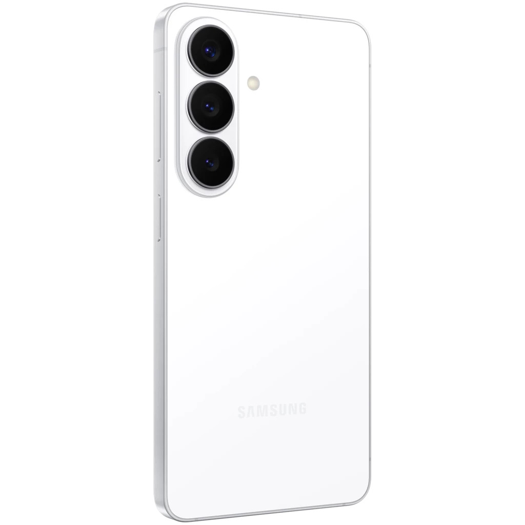 Uno smartphone Samsung bianco con tre obiettivi posteriori.