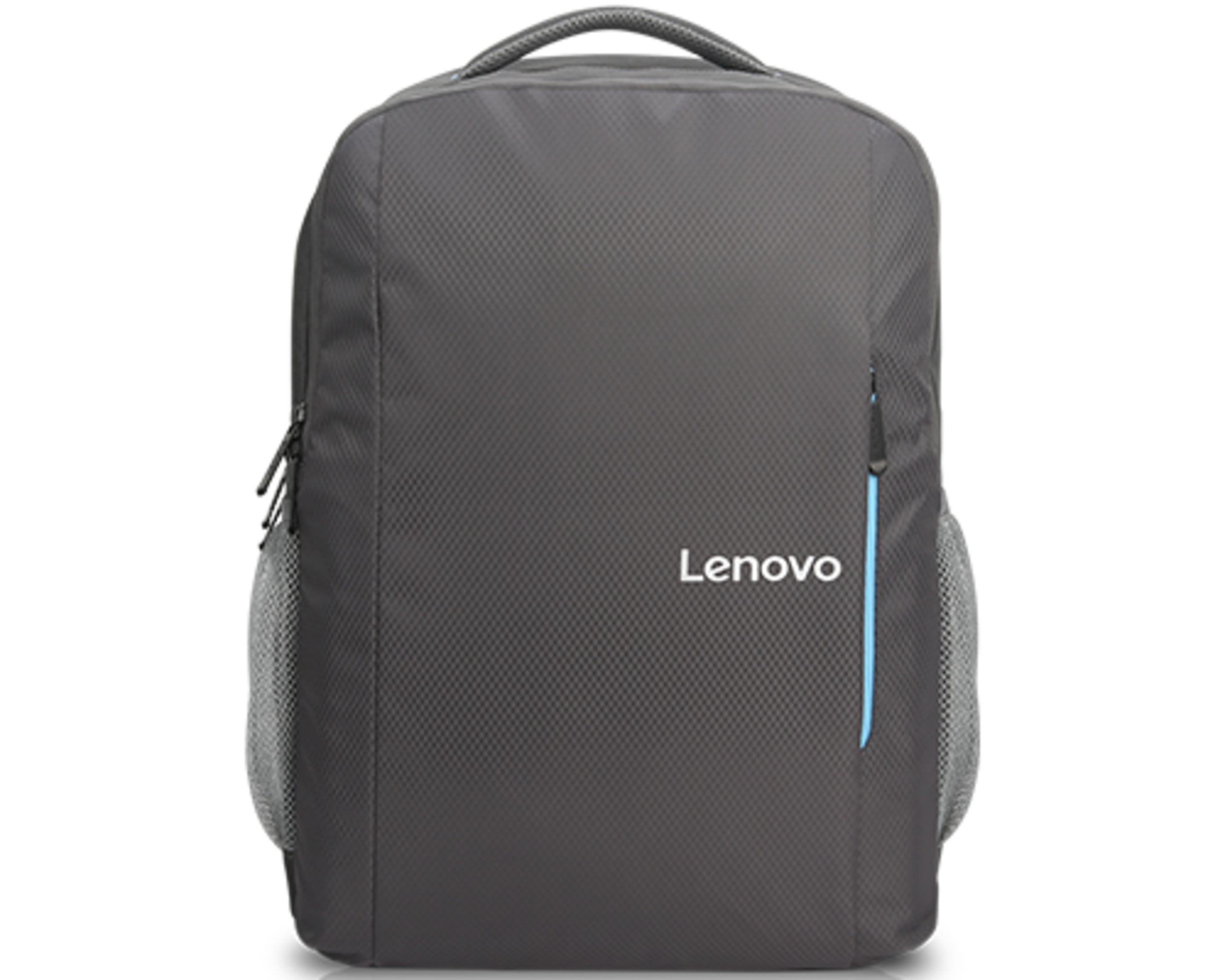 Zaino Lenovo grigio con zip blu e tasche laterali in rete.