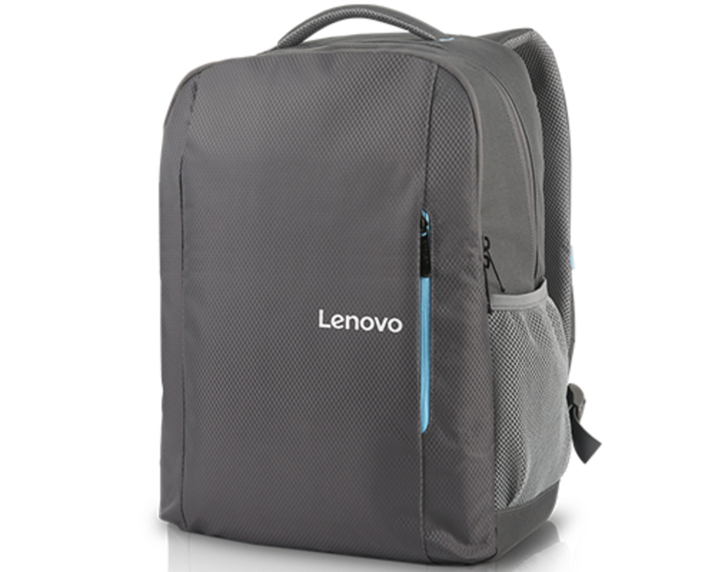 Zaino grigio con logo Lenovo e dettagli zip blu.