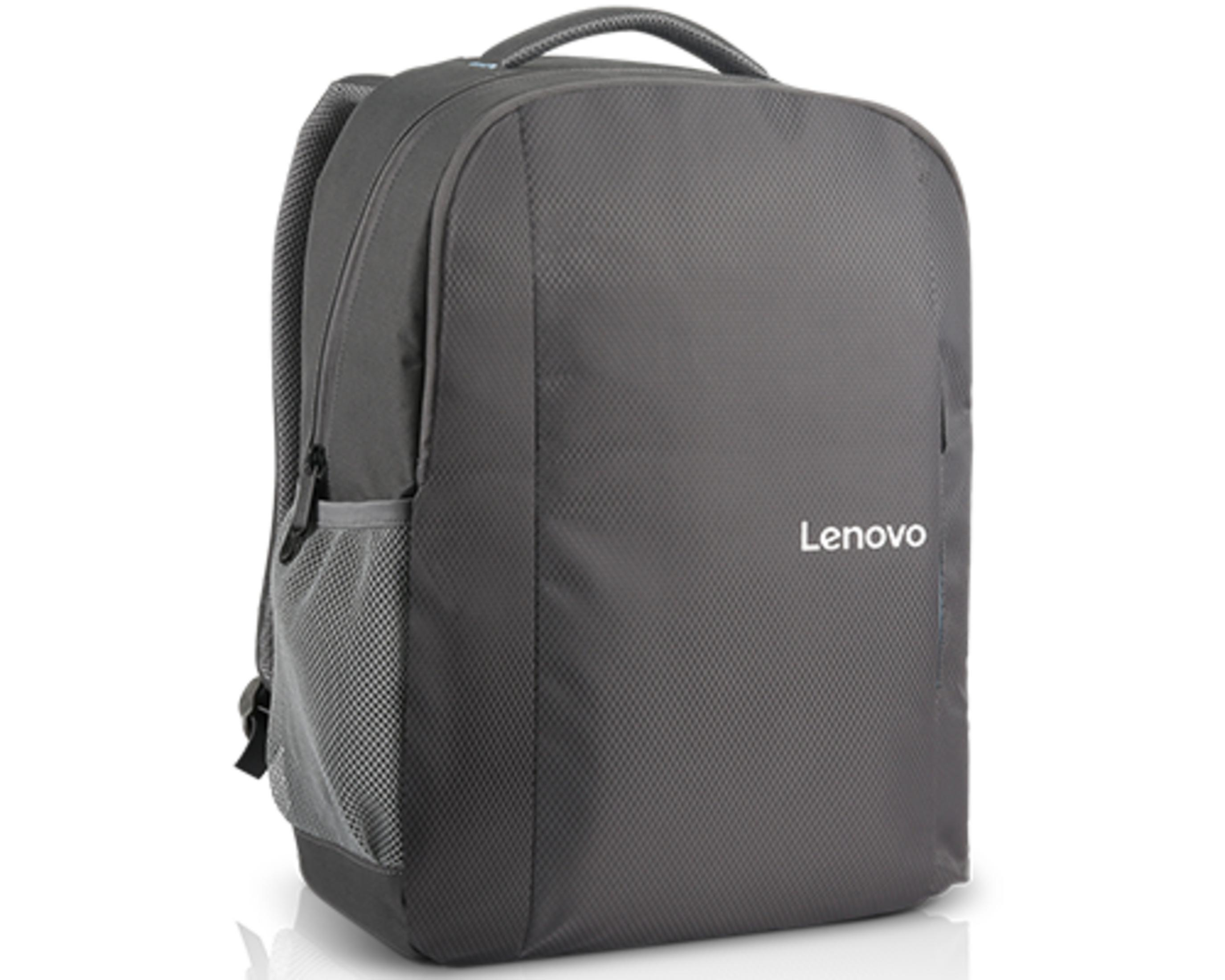 Zaino Lenovo grigio con tasche laterali in rete e spallacci imbottiti.
