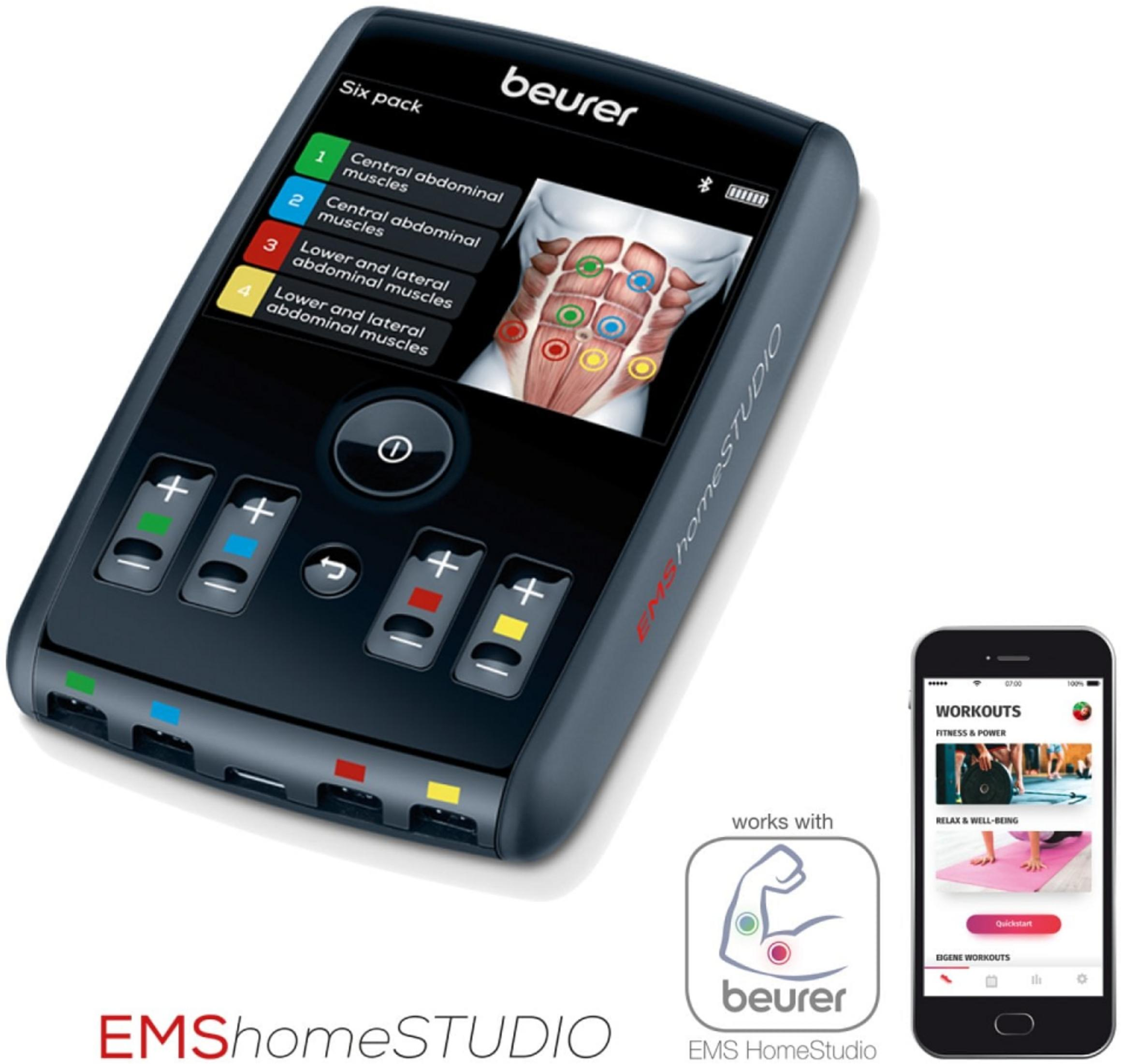 Beurer EMS HomeStudio Gerät mit Muskeldiagramm & Handy-App mit Workouts.