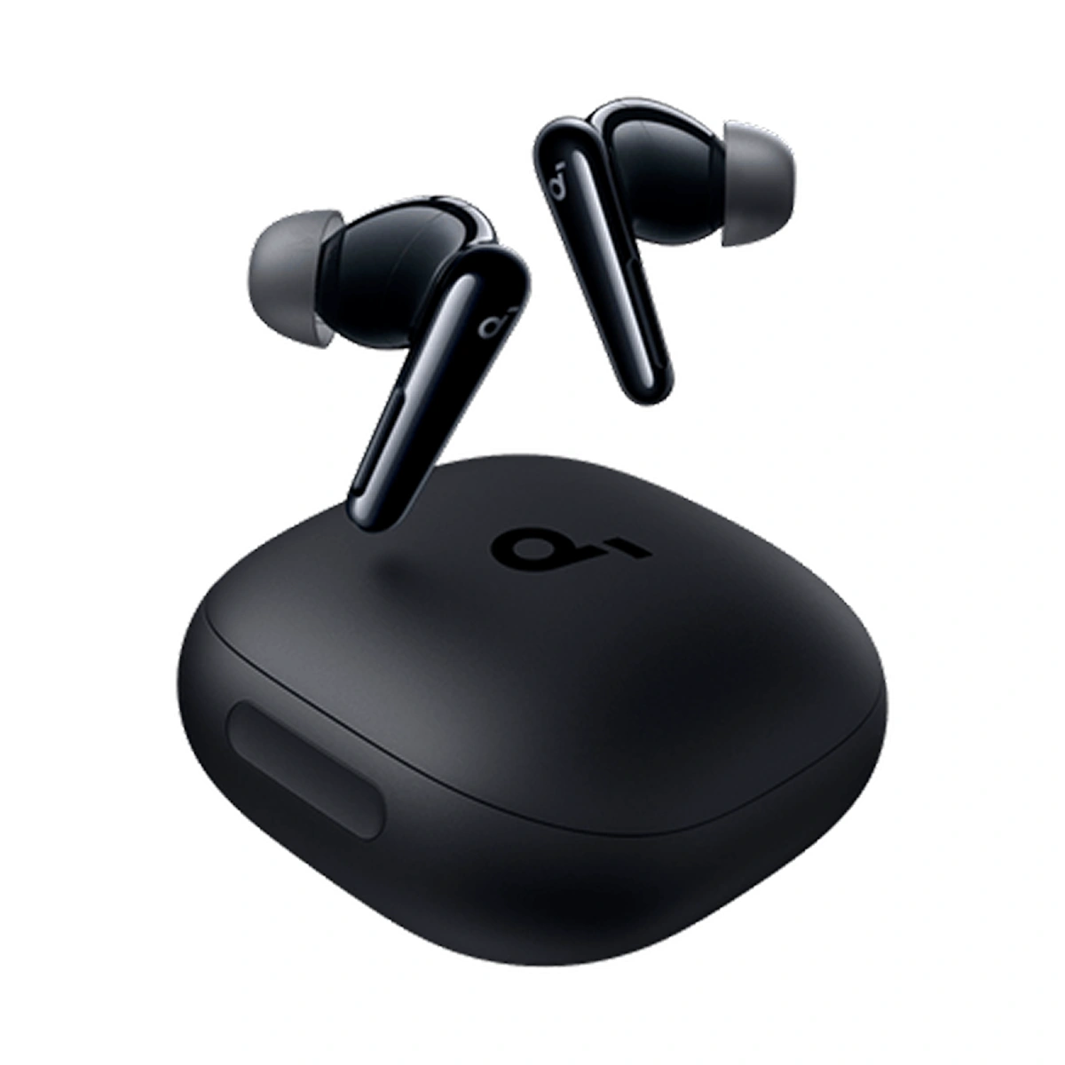 Auricolari wireless neri e custodia di ricarica con logo.