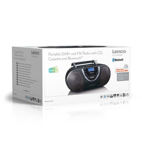 Radio Lenco nera con DAB+, CD, cassetta e Bluetooth su scatola.