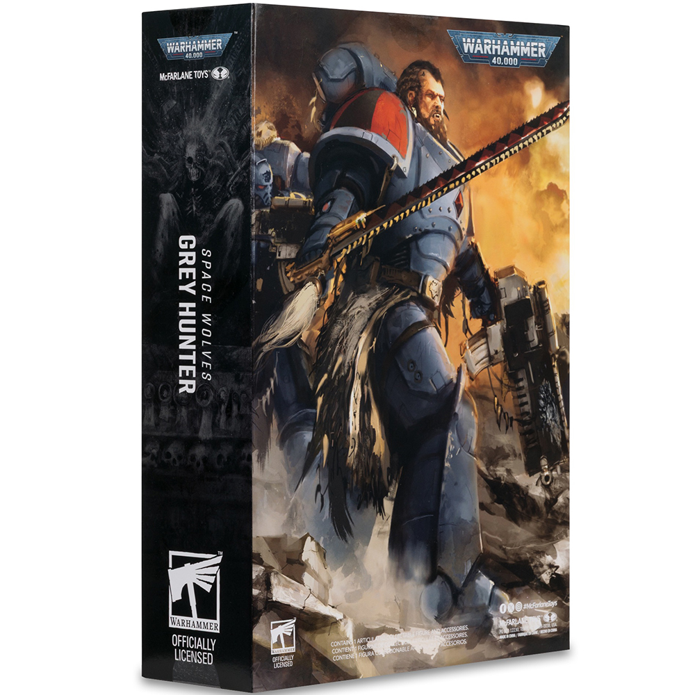 Warhammer 40K Grey Hunter Space Wolves Box Art, Krieger mit Kettenschwert.