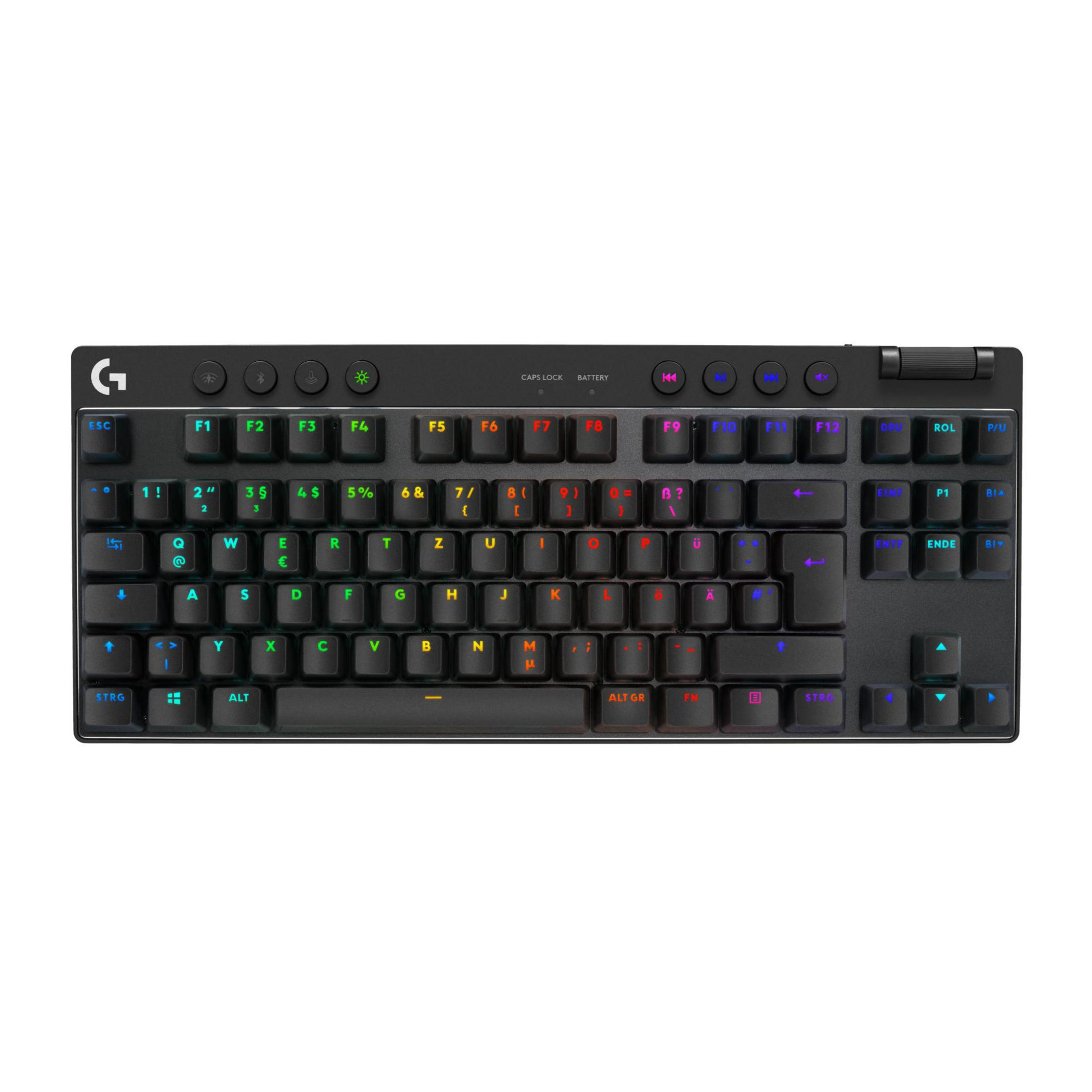 Una tastiera gaming Logitech G nera con illuminazione RGB e tasti speciali.