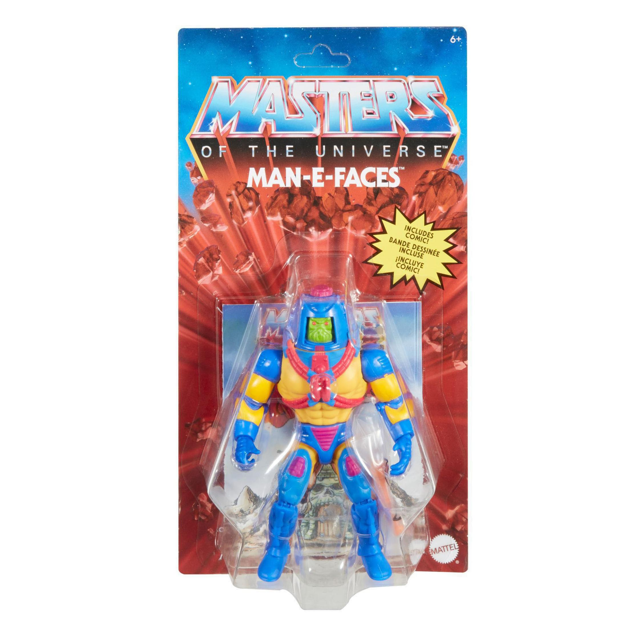 Man-E-Faces Actionfigur in Verpackung, Masters of the Universe, blau, gelb, pink.