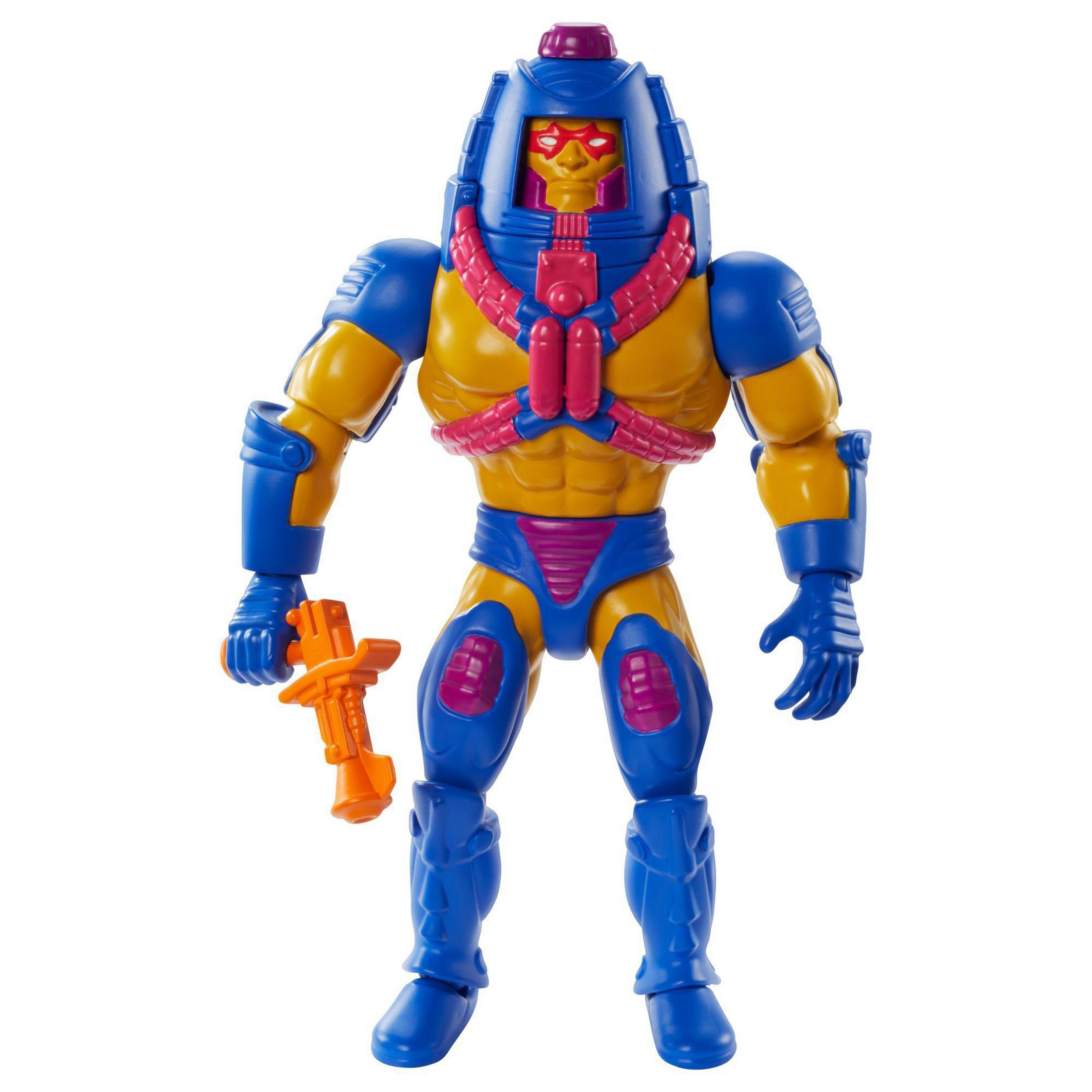 Eine Actionfigur in Blau, Gelb und Pink mit einem orangefarbenen Gewehr.