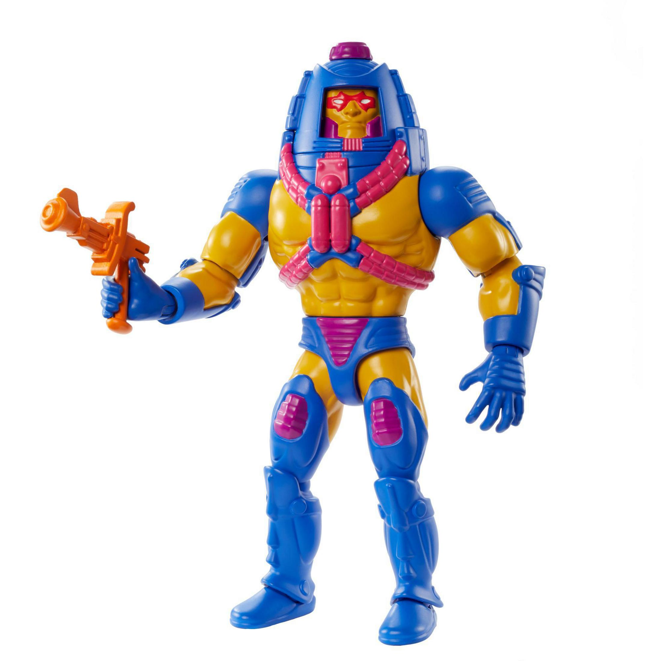 Eine Actionfigur mit blauem Helm, gelbem Oberkörper und blauen Beinen hält eine orangefarbene Waffe.