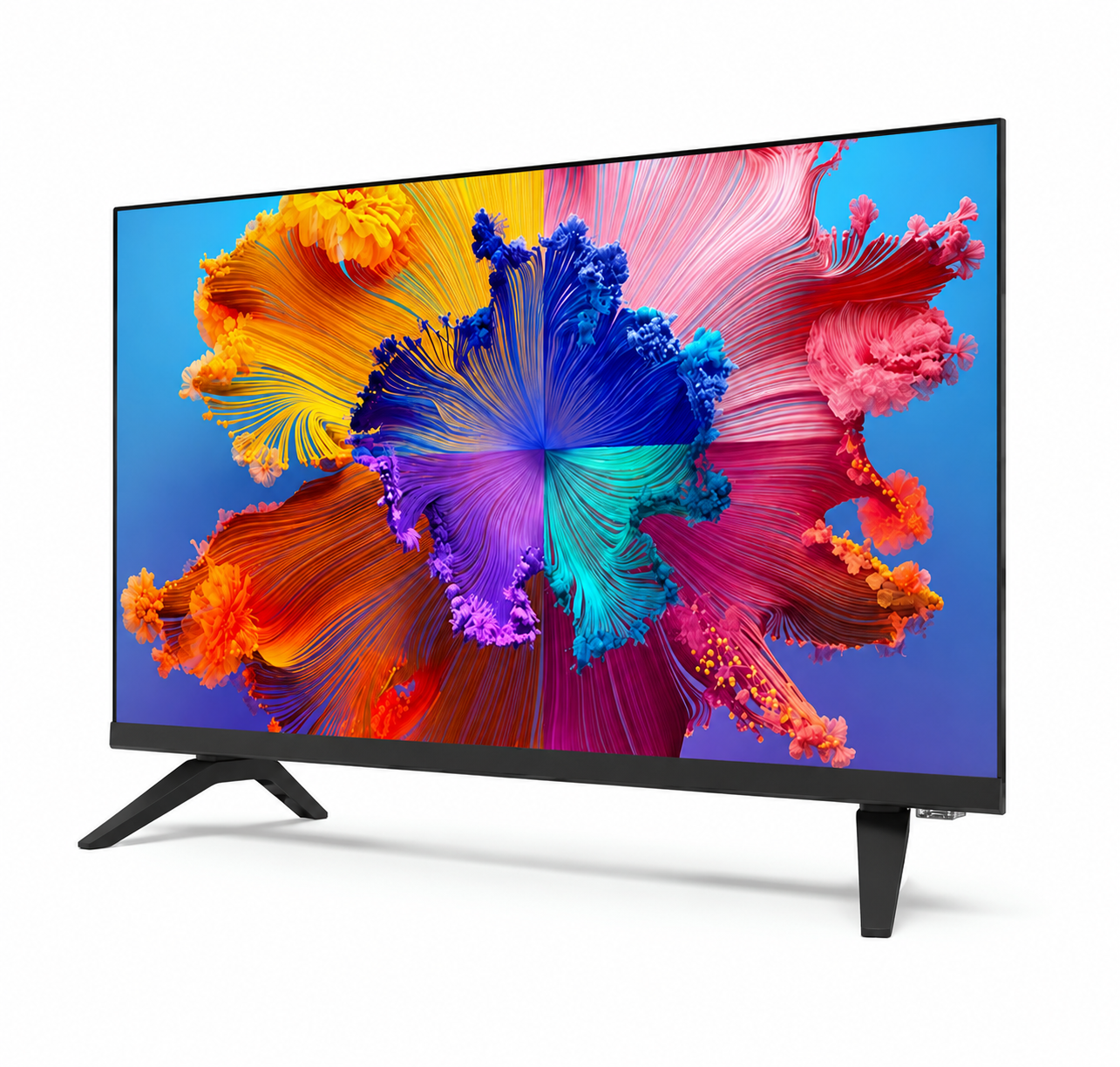 Een moderne televisie met een levendig, kleurrijk abstract patroon op het scherm.