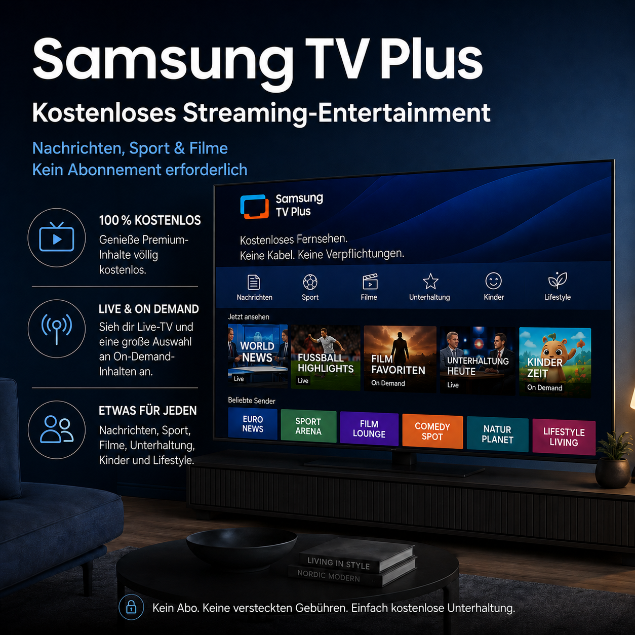 Samsung TV Plus: Kostenloses Streaming-Entertainment mit Nachrichten, Sport & Filmen.