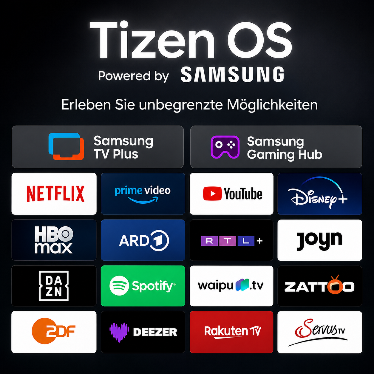 Samsung Tizen OS mit App-Logos: Netflix, YouTube, Disney+, Spotify, und mehr.