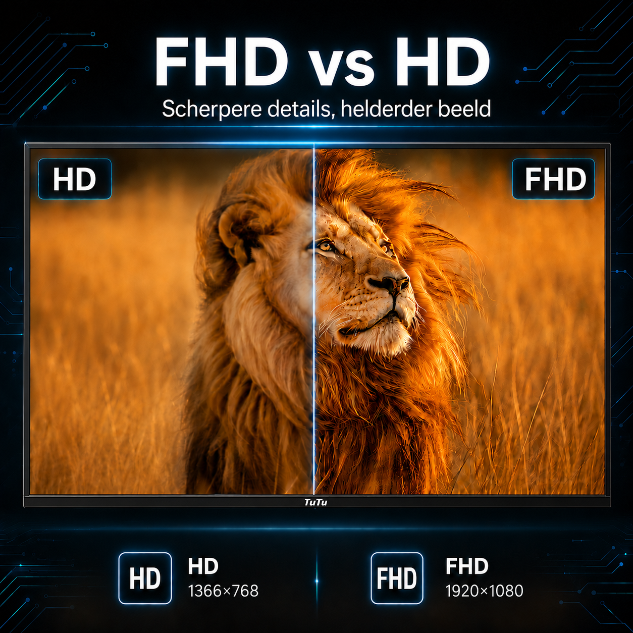 Vergelijking van FHD- en HD-beelden van een leeuw met resolutiedetails.