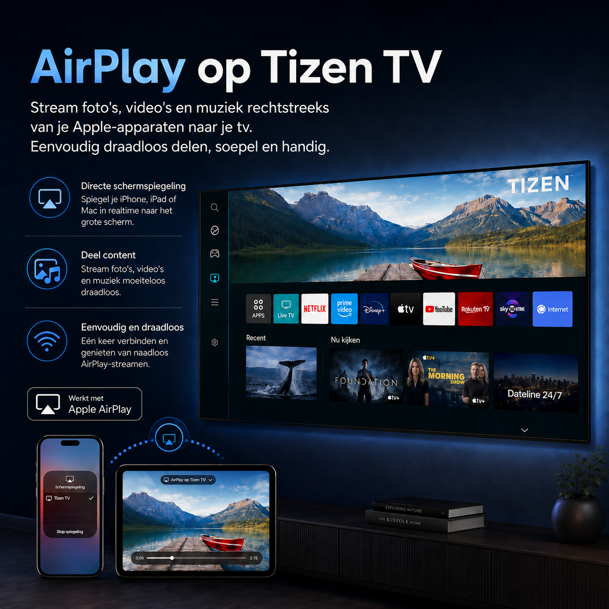 Een tv toont een berglandschap. Een iPhone en tablet worden ernaast getoond.