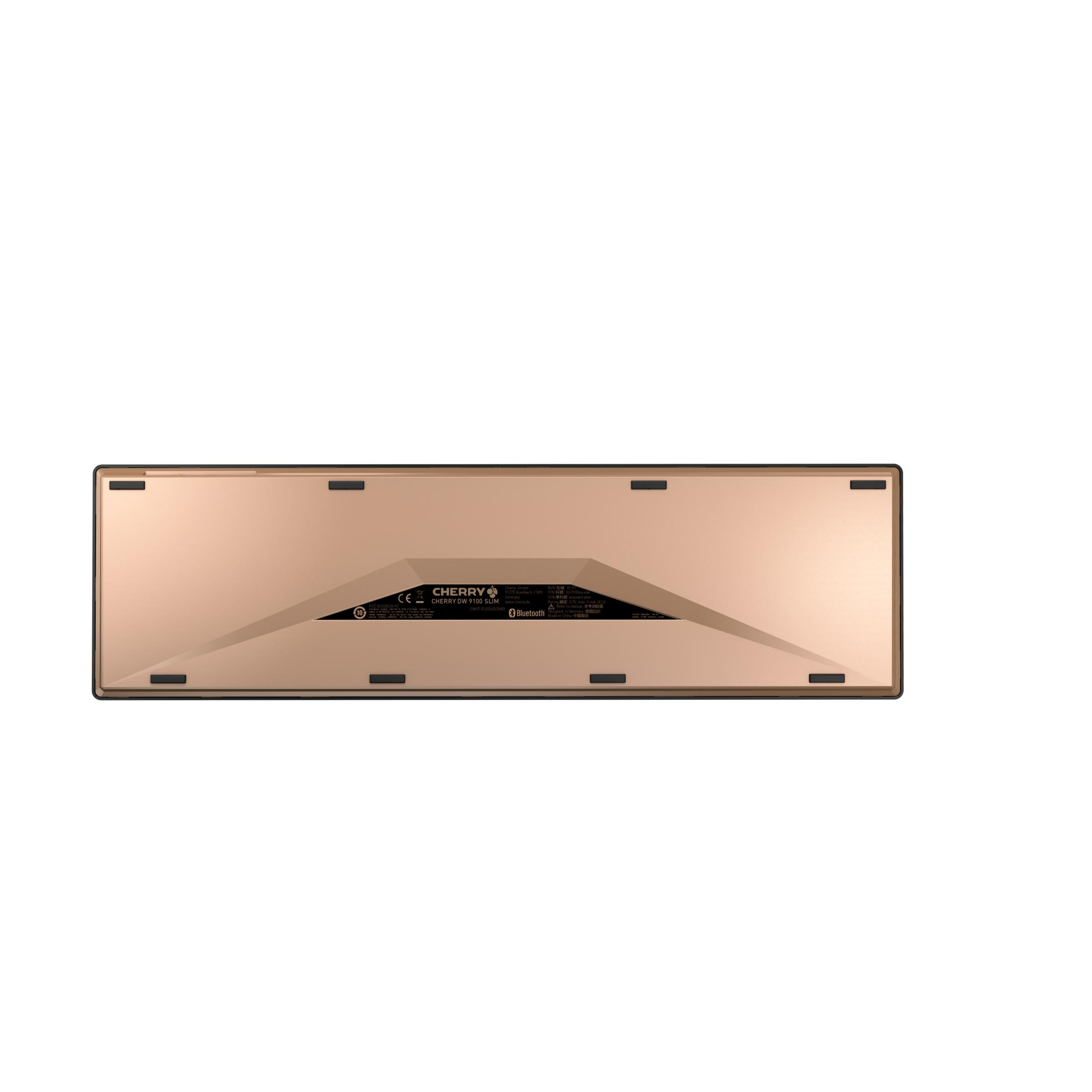 Sottopancia di una tastiera Cherry DW 9100 SLIM dorata con logo CE e Bluetooth.