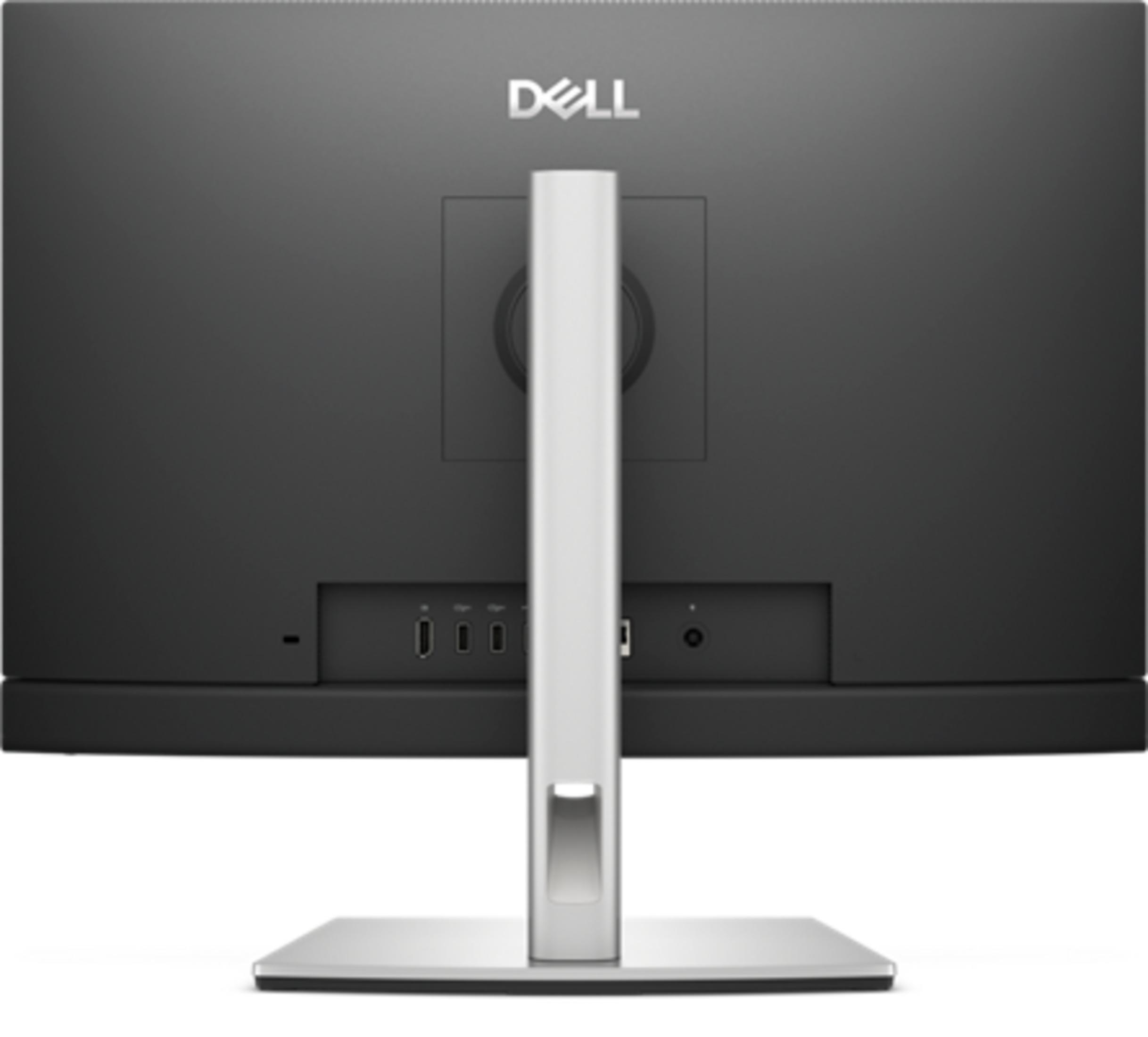 Rückseite eines schwarzen Dell-Monitors mit silbernem Ständer und Anschlüssen.