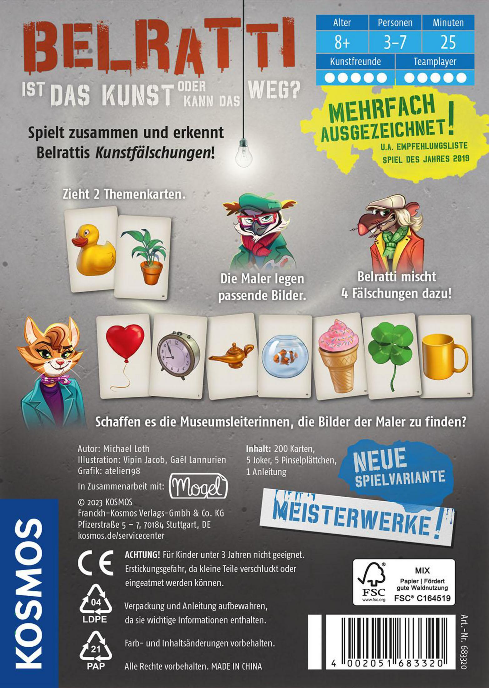 Brettspiel "Belratti" mit Kunstfälschungen, Spielkarten und Charakteren.