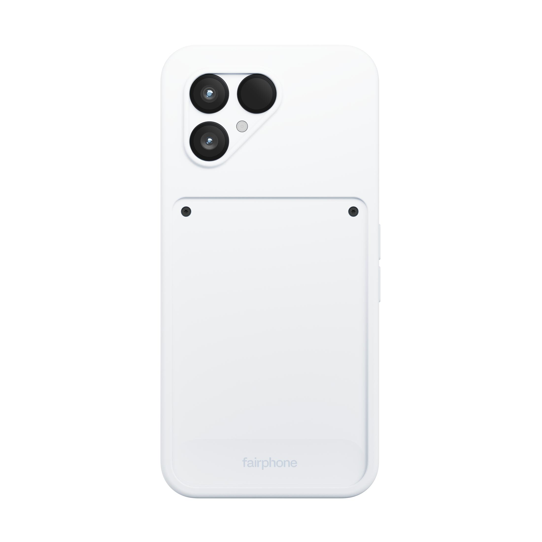 Wit telefoonhoesje met drie camera's en Fairphone-logo.