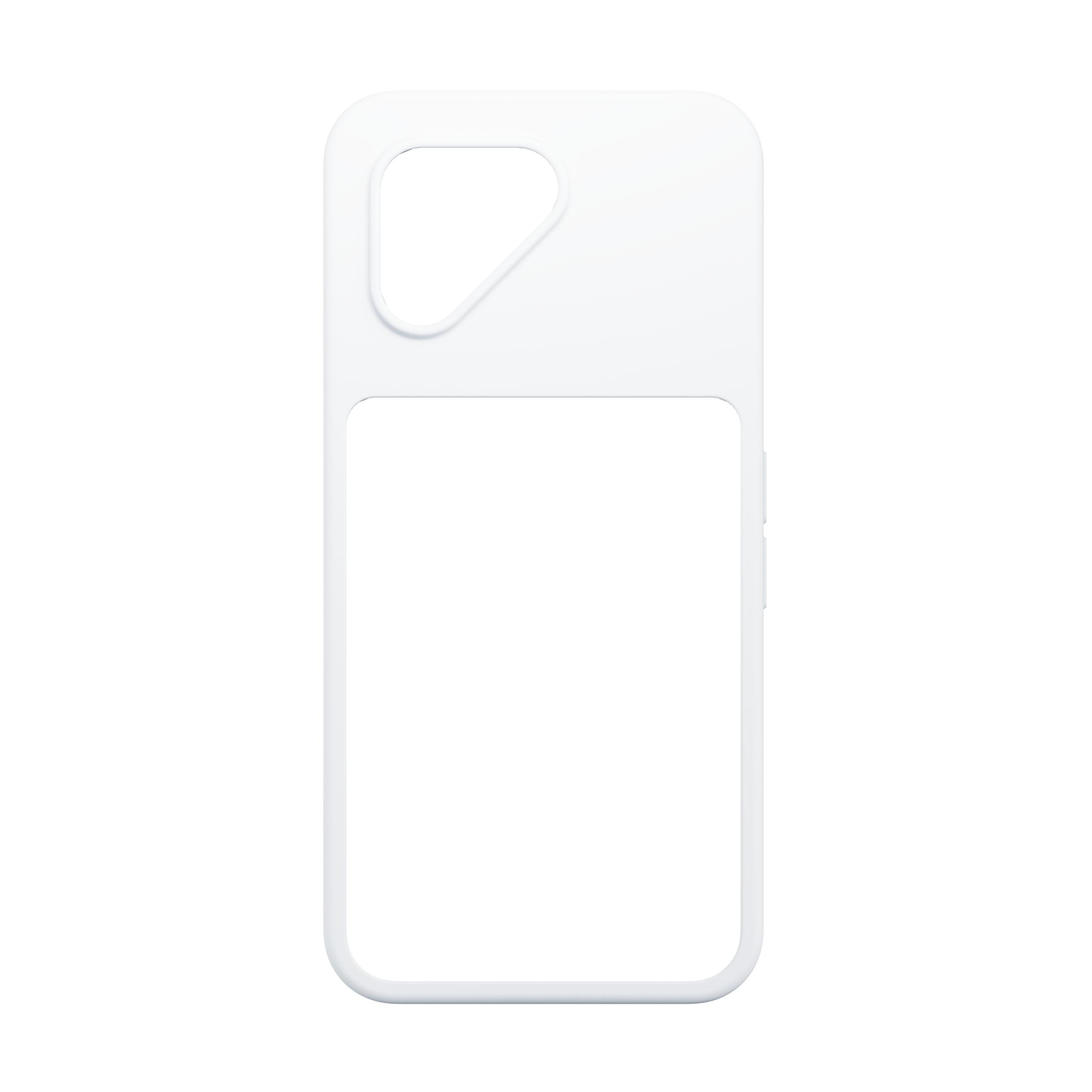 Wit telefoonhoesje met rechthoekige uitsparing voor de camera.