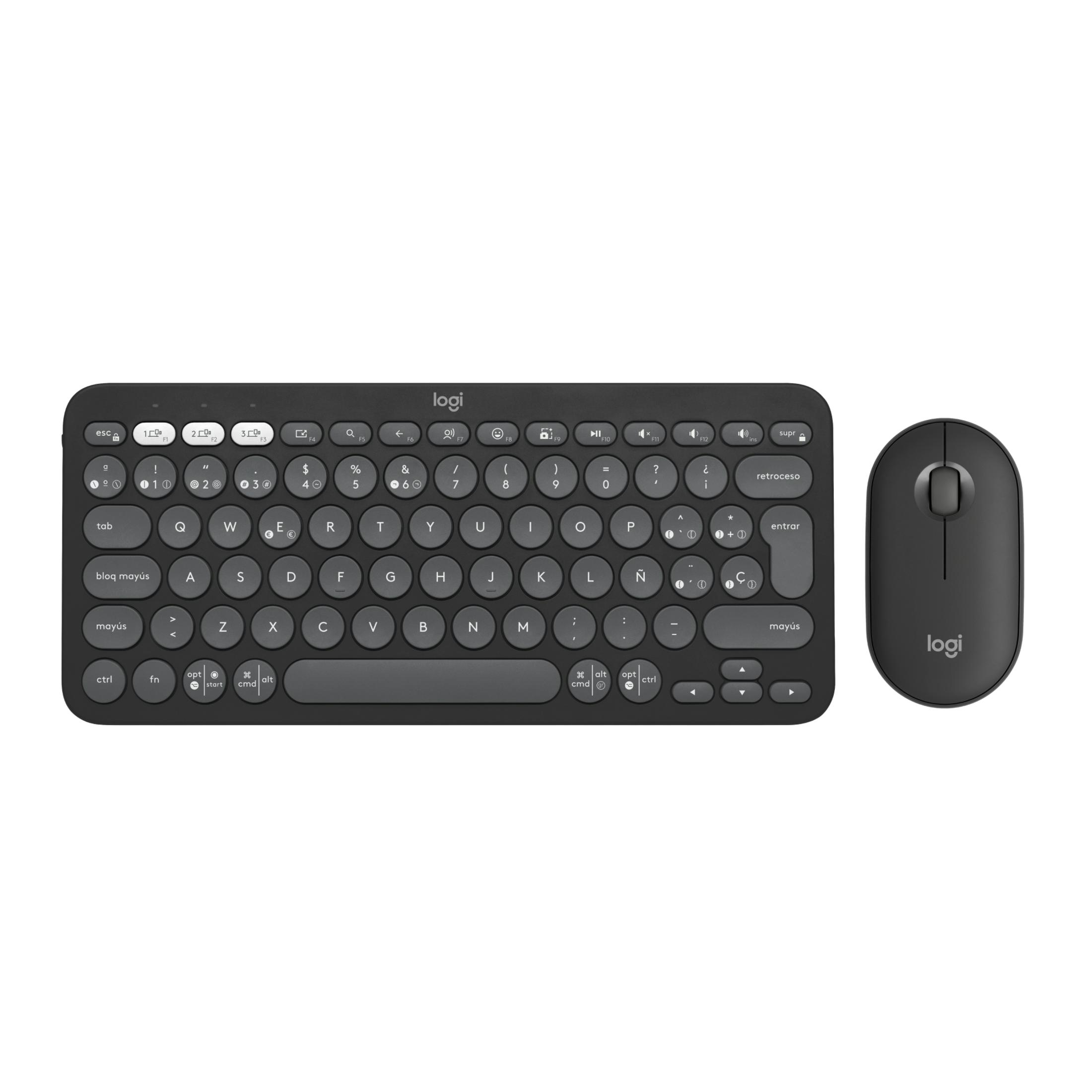 Una tastiera e un mouse Logi neri sono uno accanto all'altro su sfondo bianco.