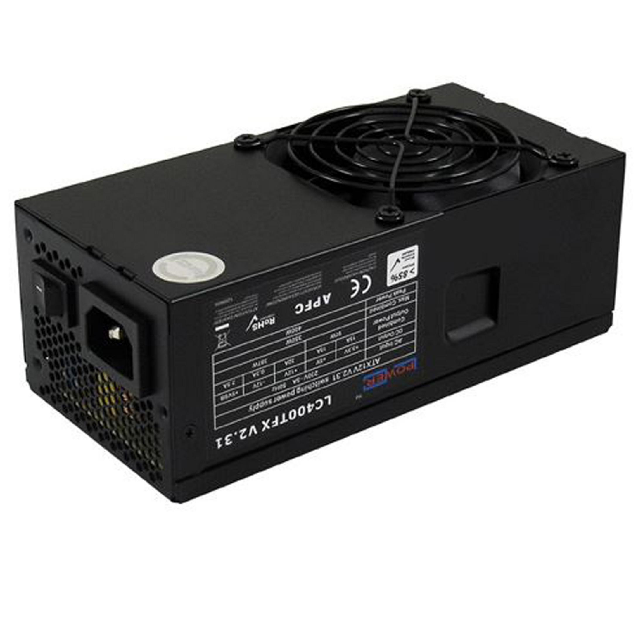 Schwarze Stromversorgungseinheit mit Lüfter, Anschlüssen und technischen Daten.