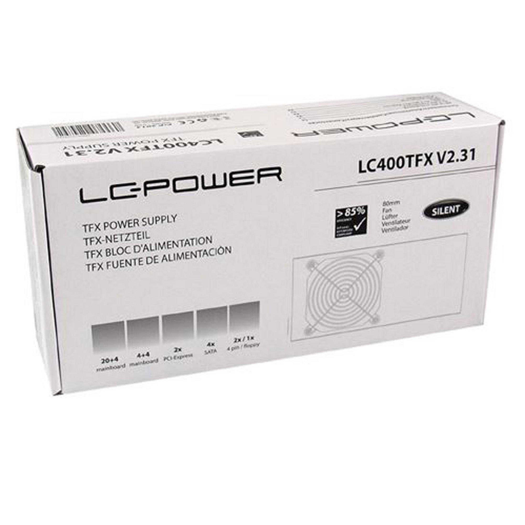 Verpackung eines LC-Power TFX 400W Netzteil mit Lüfter und Anschlüssen.