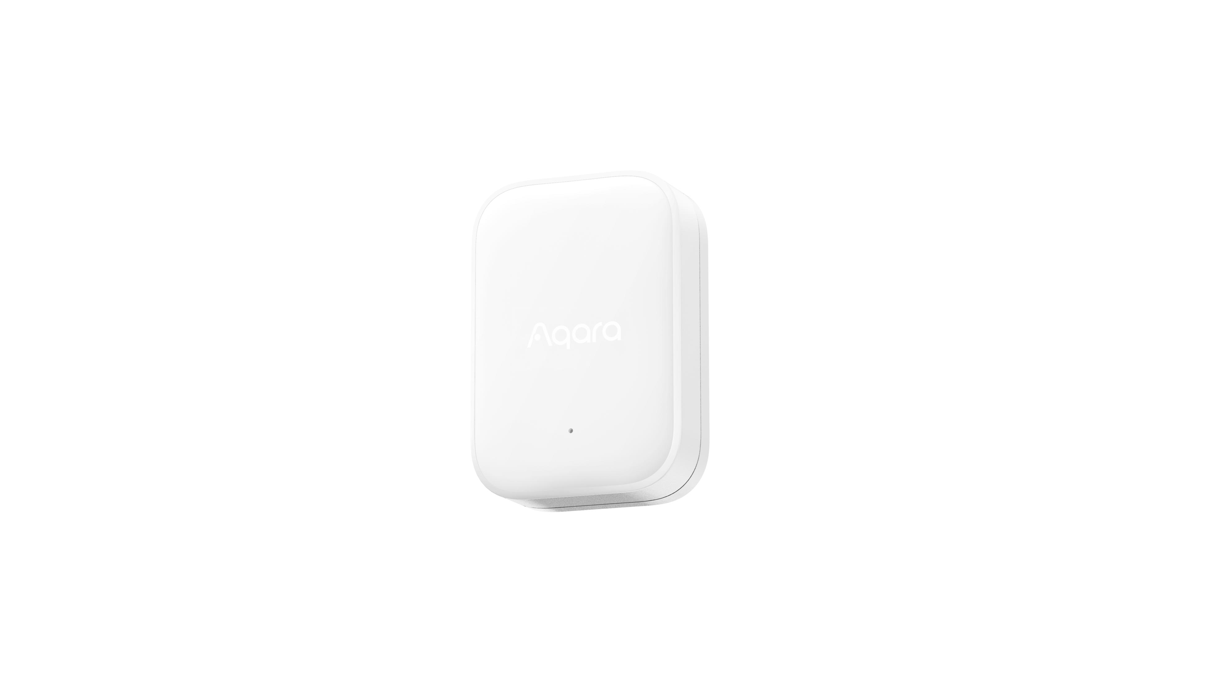 Un dispositivo bianco, rettangolare, con angoli arrotondati e logo 'Aqara'.