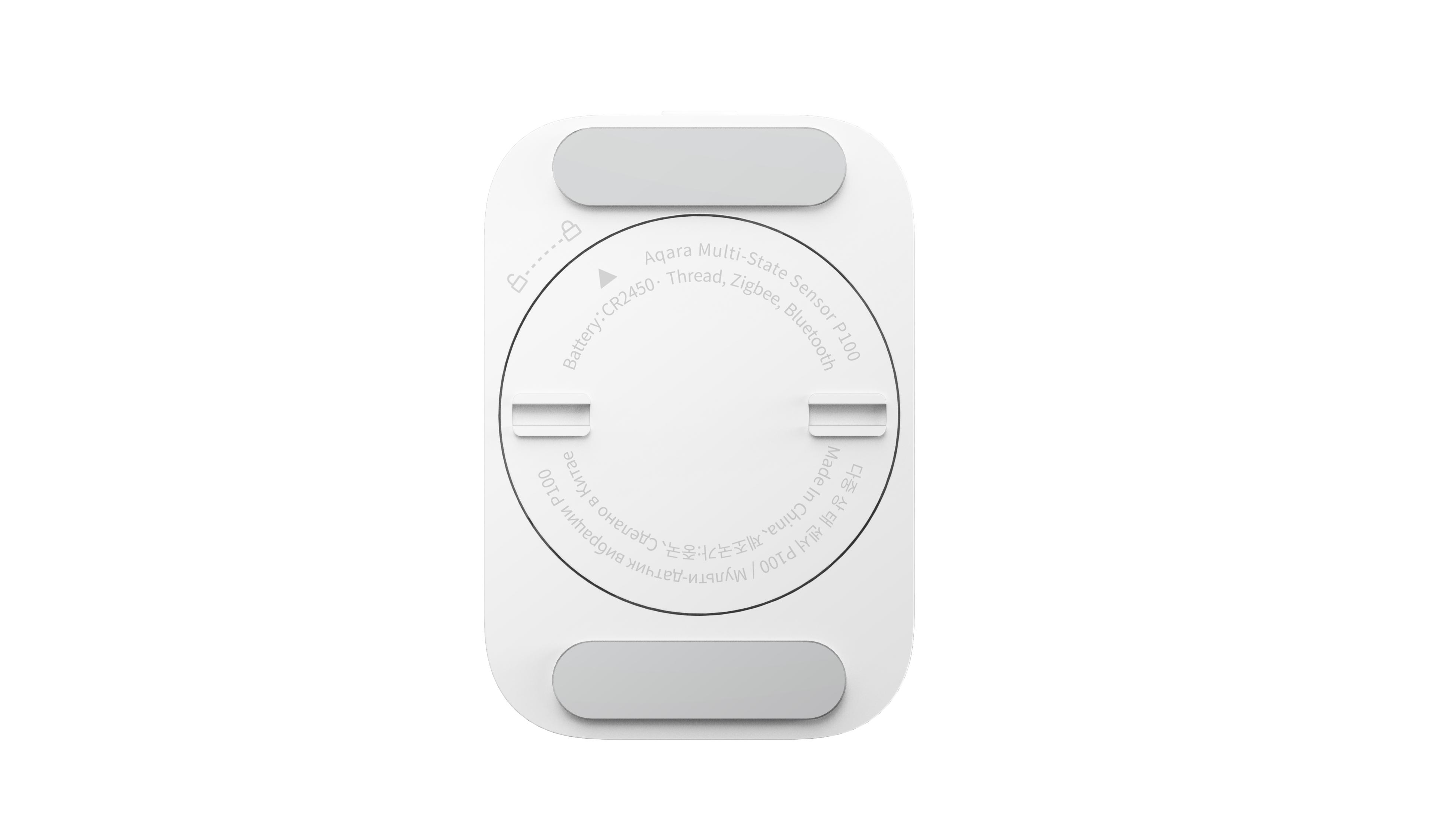 Sensore Aqara Multi-State P100 bianco con testo e batteria CR2450.