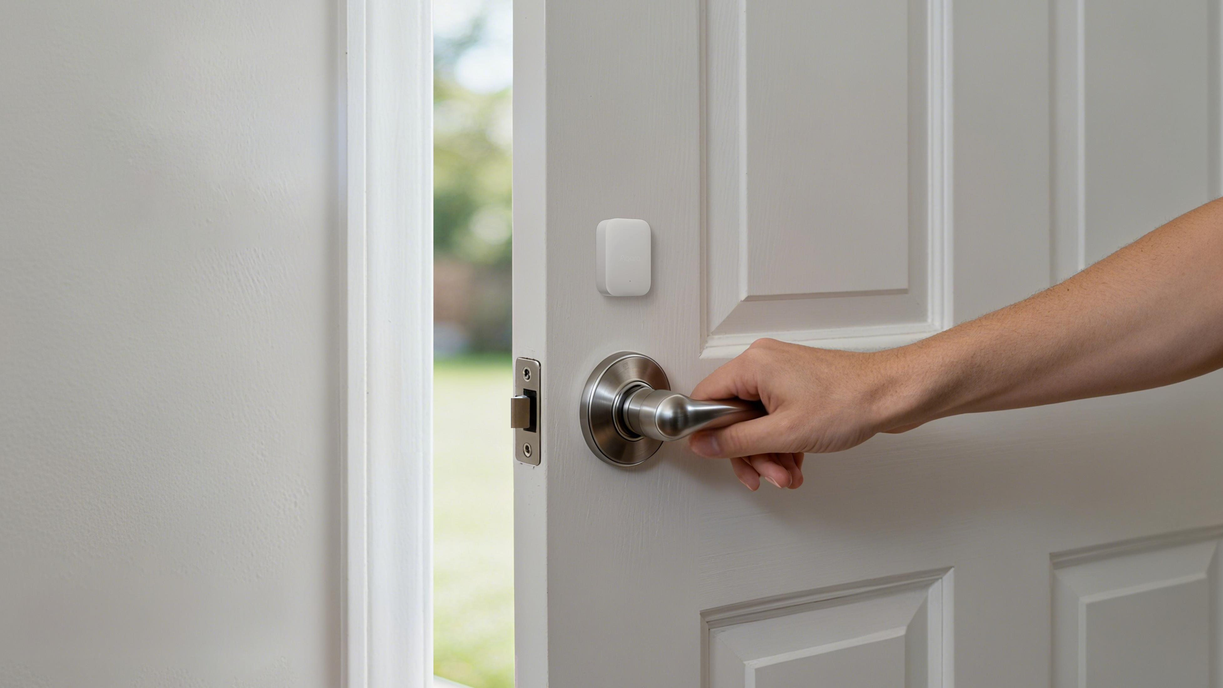 Una mano apre una porta bianca. Un sensore è attaccato alla porta.