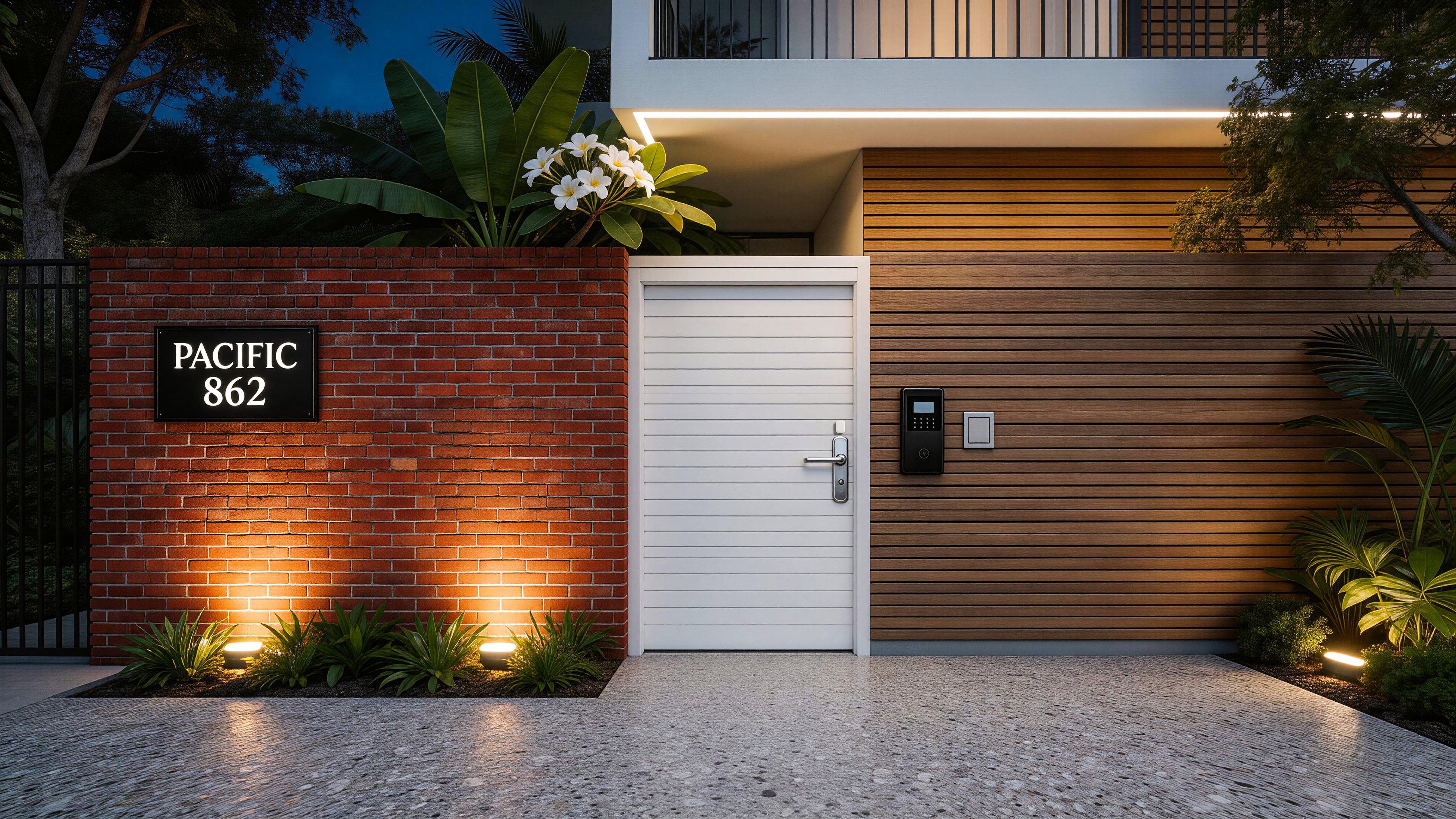 Facciata di casa moderna con mattoni rossi, porta bianca, pannelli in legno e illuminazione.