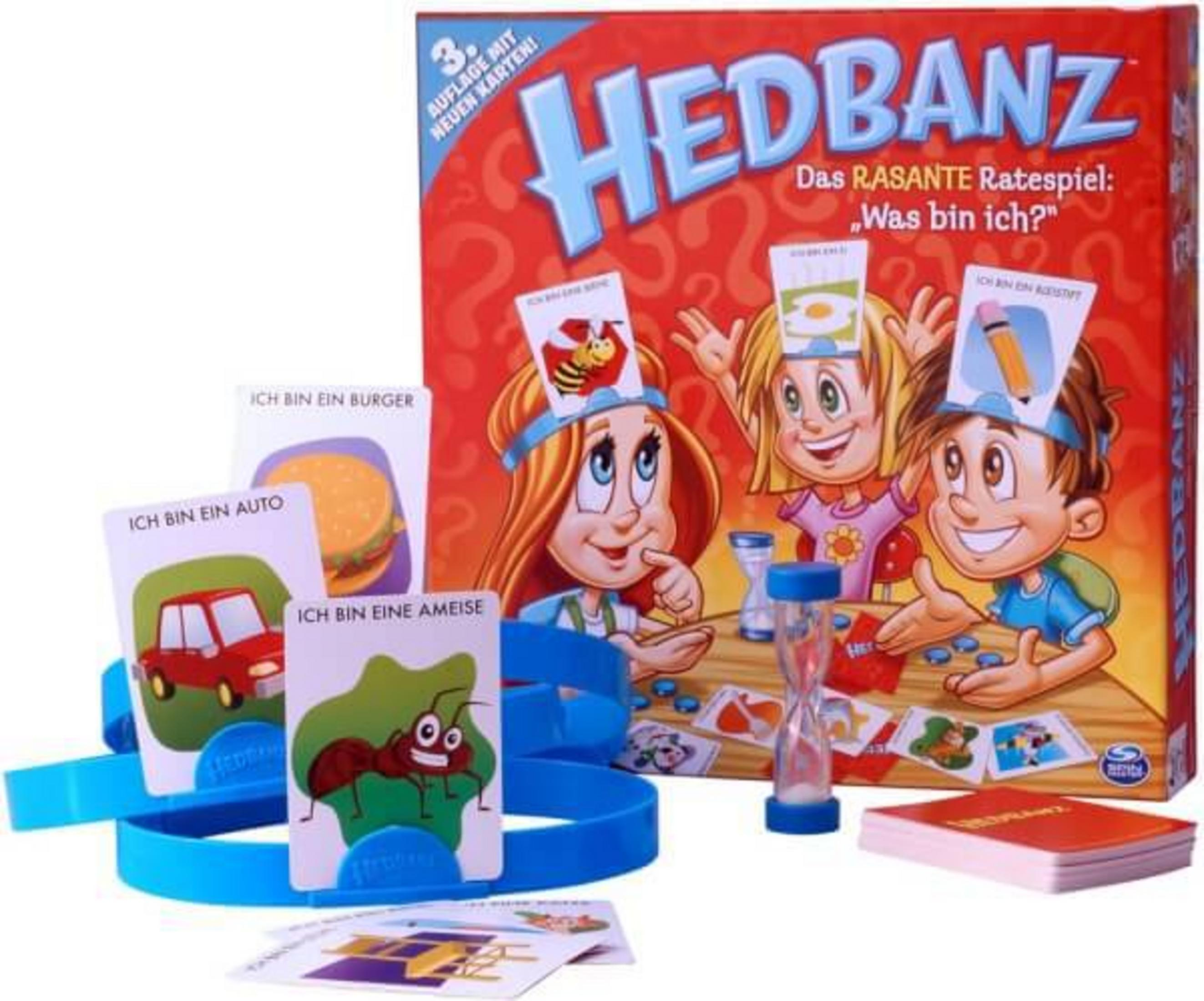 Das Spiel Hedbanz mit Karten von einem Auto, Burger, Ameise, Bleistift und Bienen.