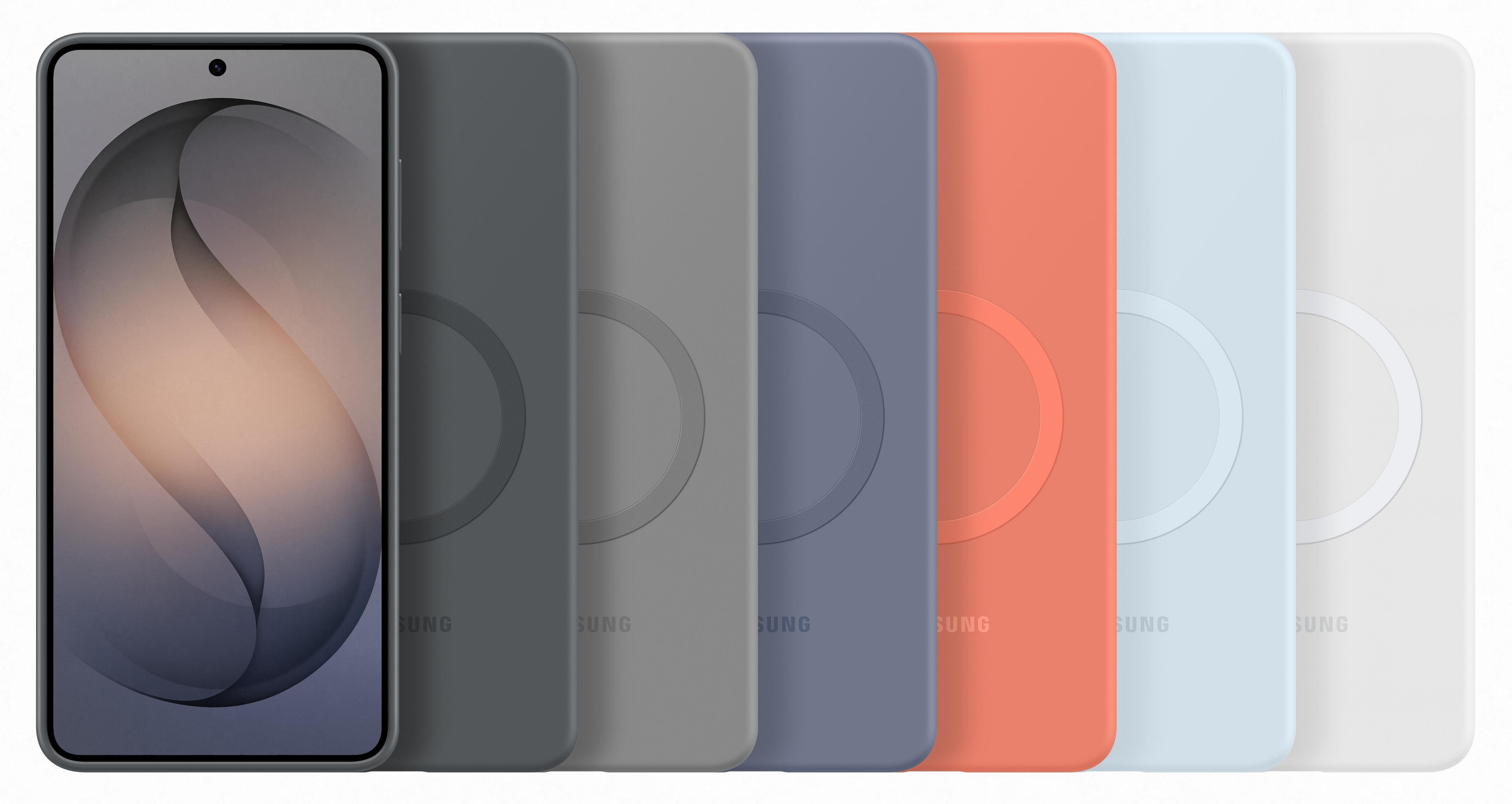 Uno smartphone con una custodia di vari colori, allineati fianco a fianco.
