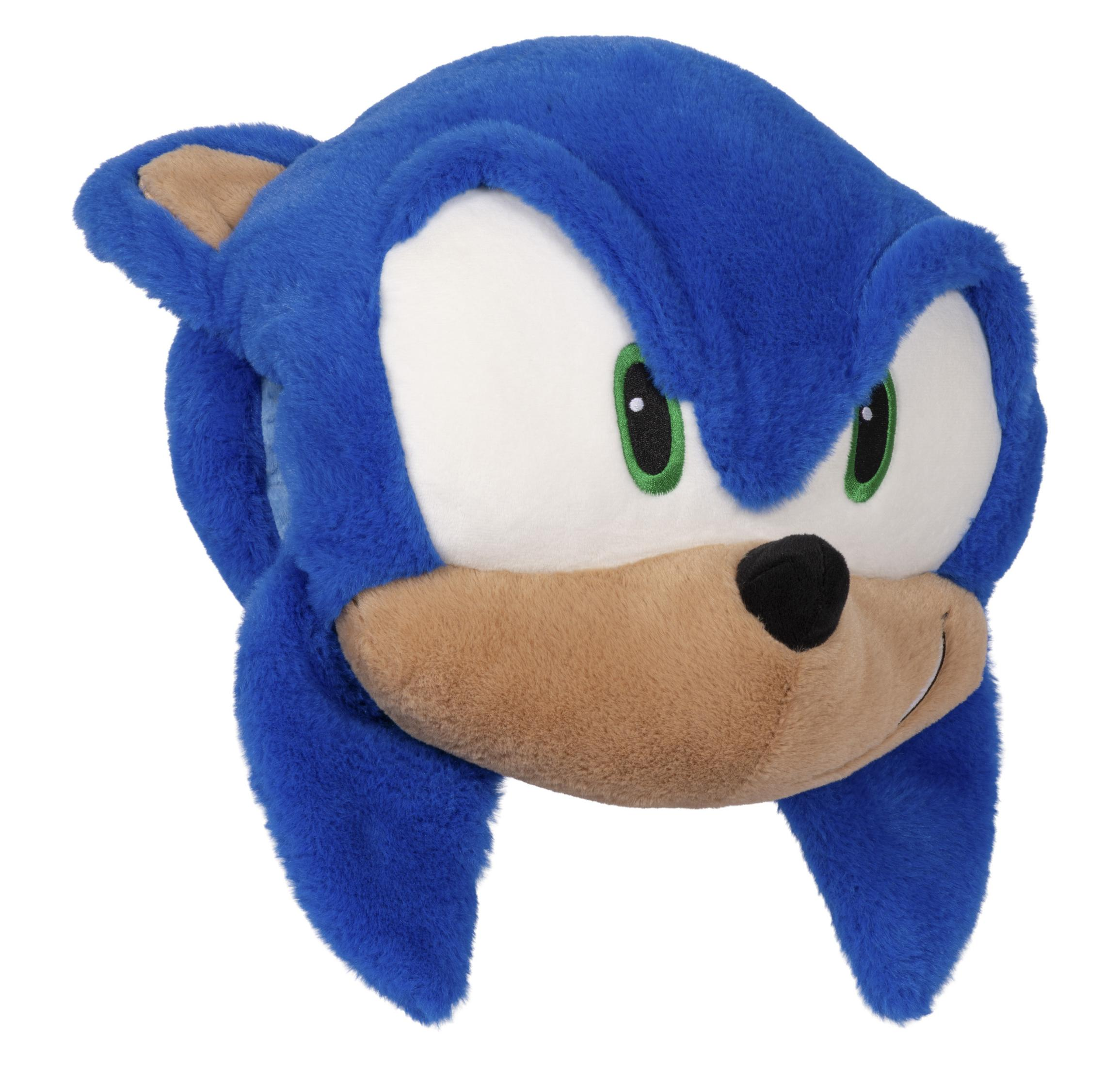 Ein blauer Plüschhut mit Sonic-Gesicht, braunen Ohren und grünen Augen.