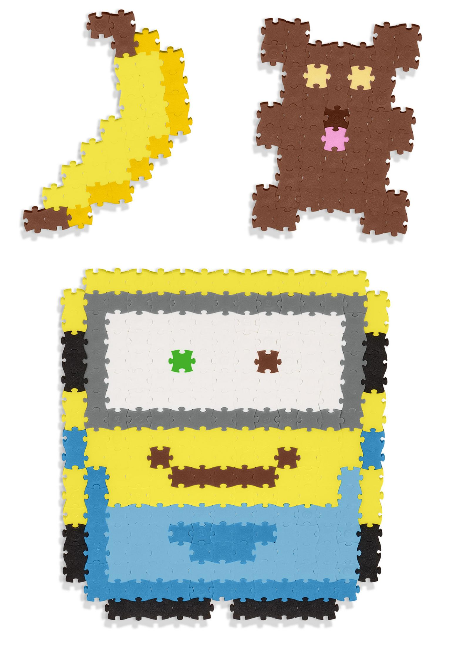 Puzzleteile bilden eine gelbe Banane, einen braunen Bären und einen gelb-blauen Minion.
