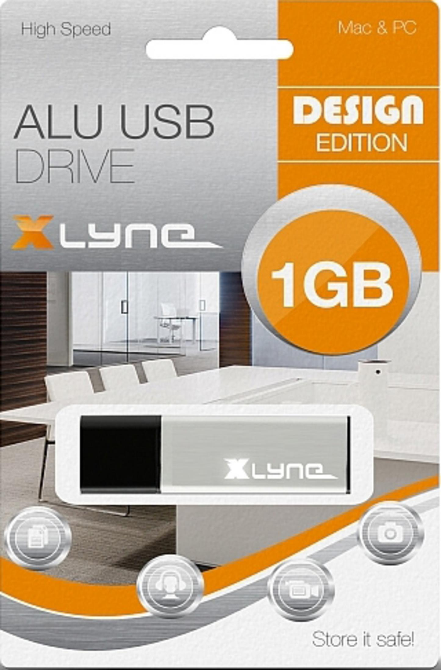 Confezione per un'unità USB Lyne ALU da 1 GB, Edizione Design, compatibile Mac e PC.