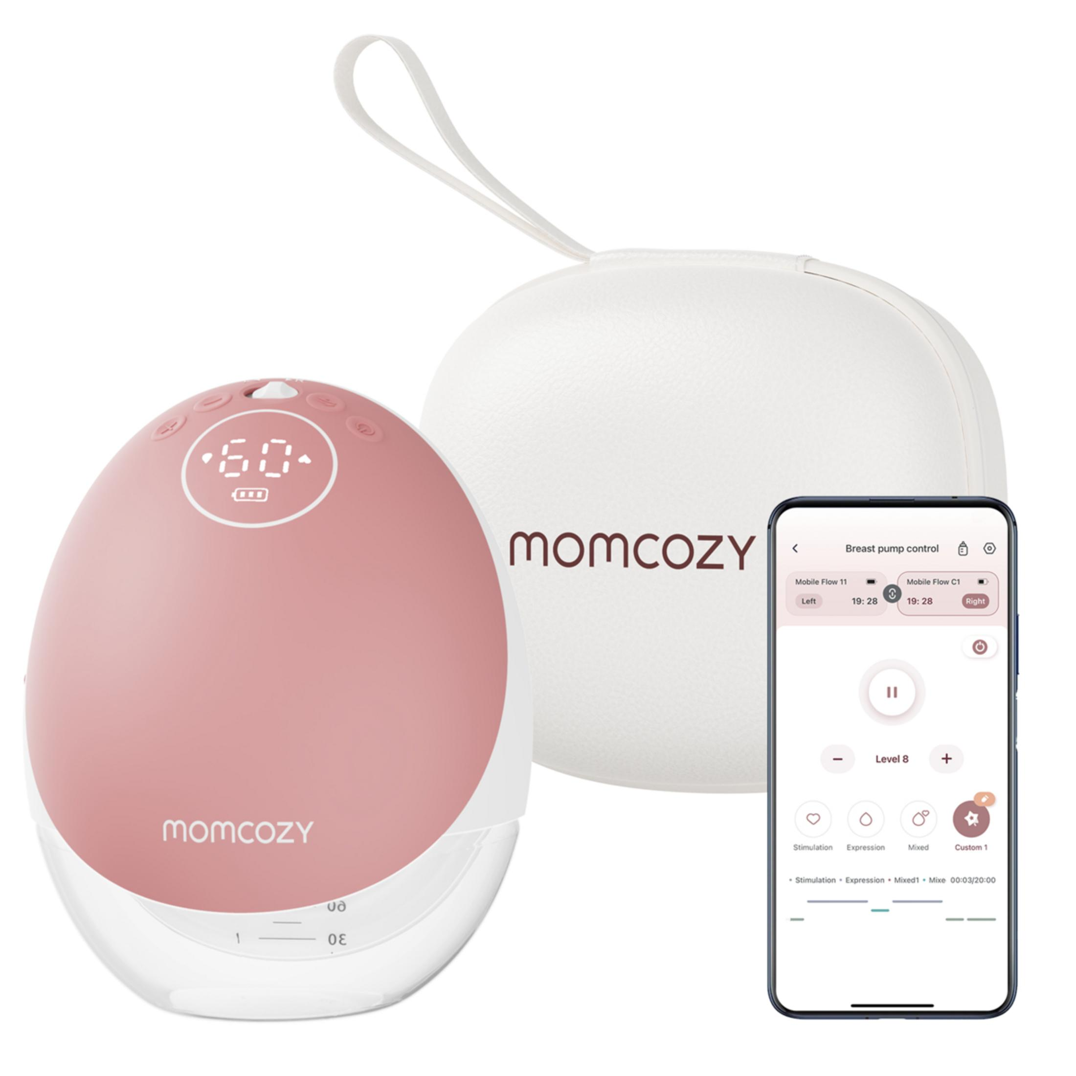 Un set de sacaleches Momcozy rosa con estuche blanco y app de móvil.