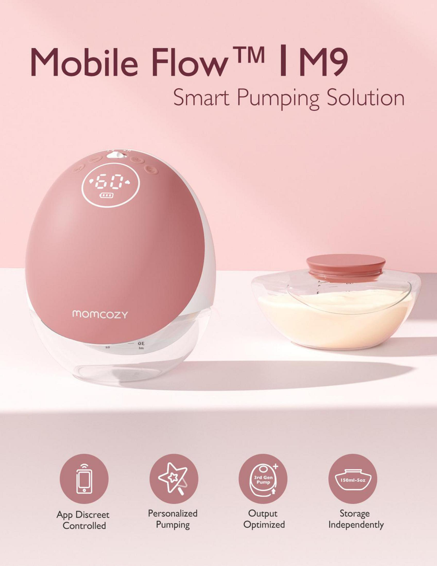 Sacaleches momcozy rosa con recipiente de leche. Características: Control por app, Extracción personalizada, Salida optimizada, Almacenamiento independiente.