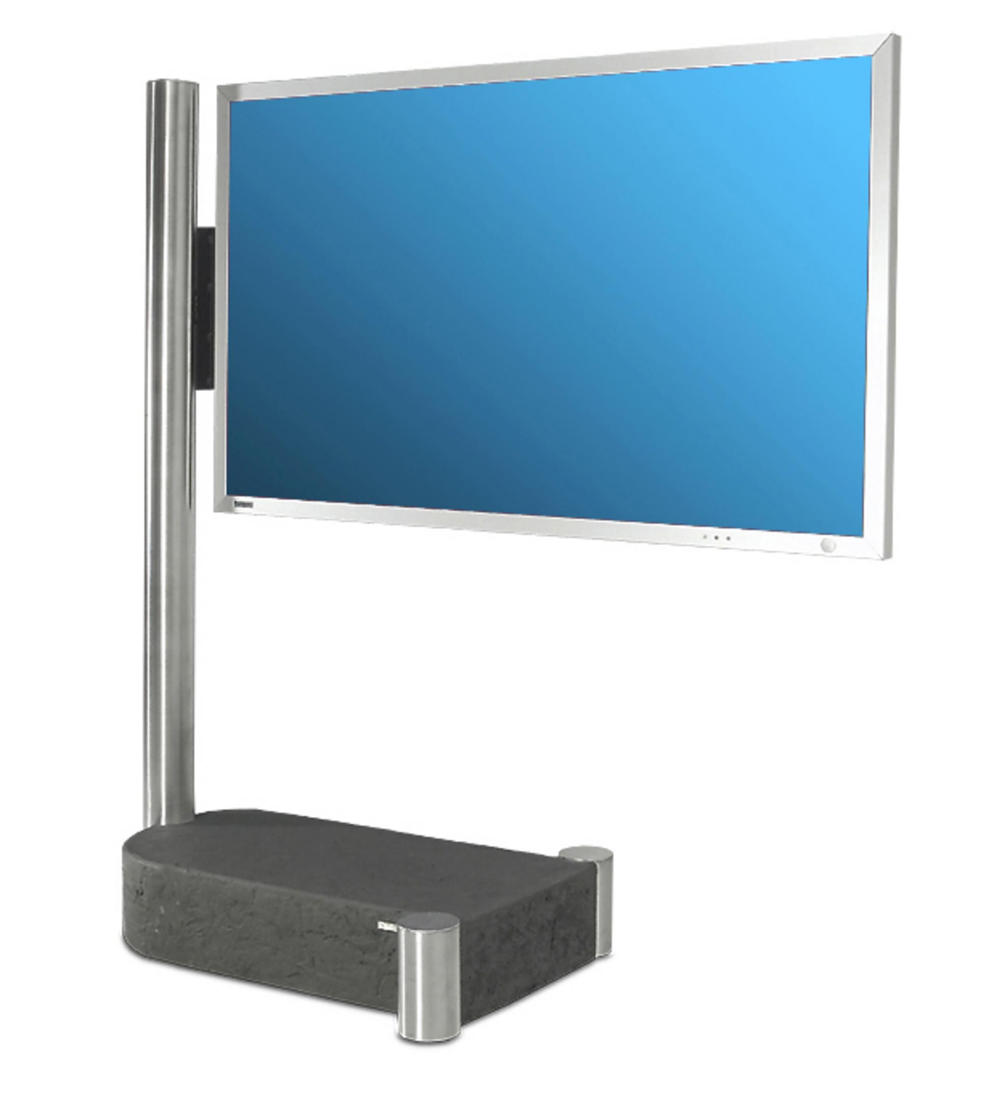 Ein Monitor mit blauem Bildschirm auf einem dunklen Sockel mit Metallpfosten.