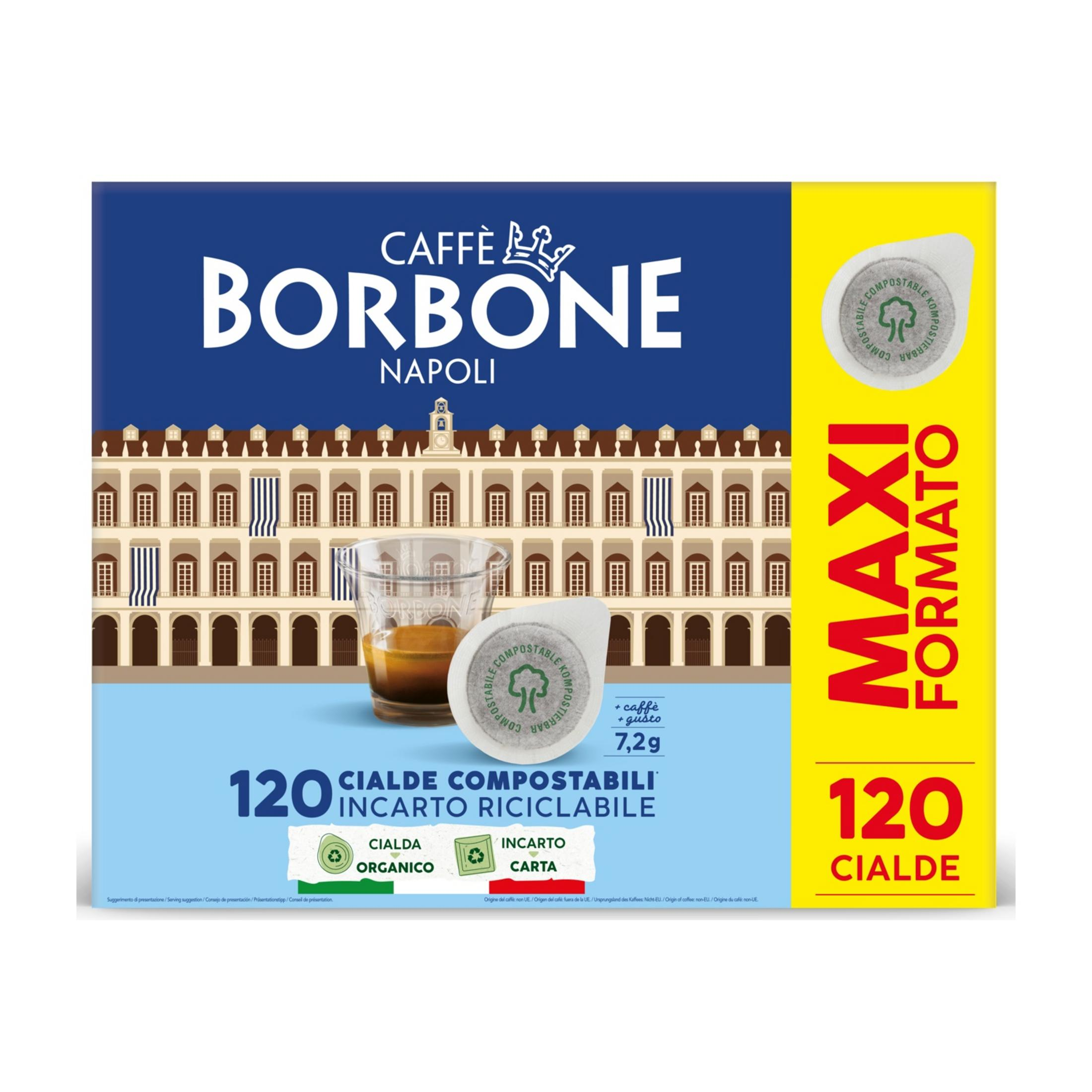Confezione da 120 cialde caffè Borbone, formato Maxi, con illustrazione edificio.